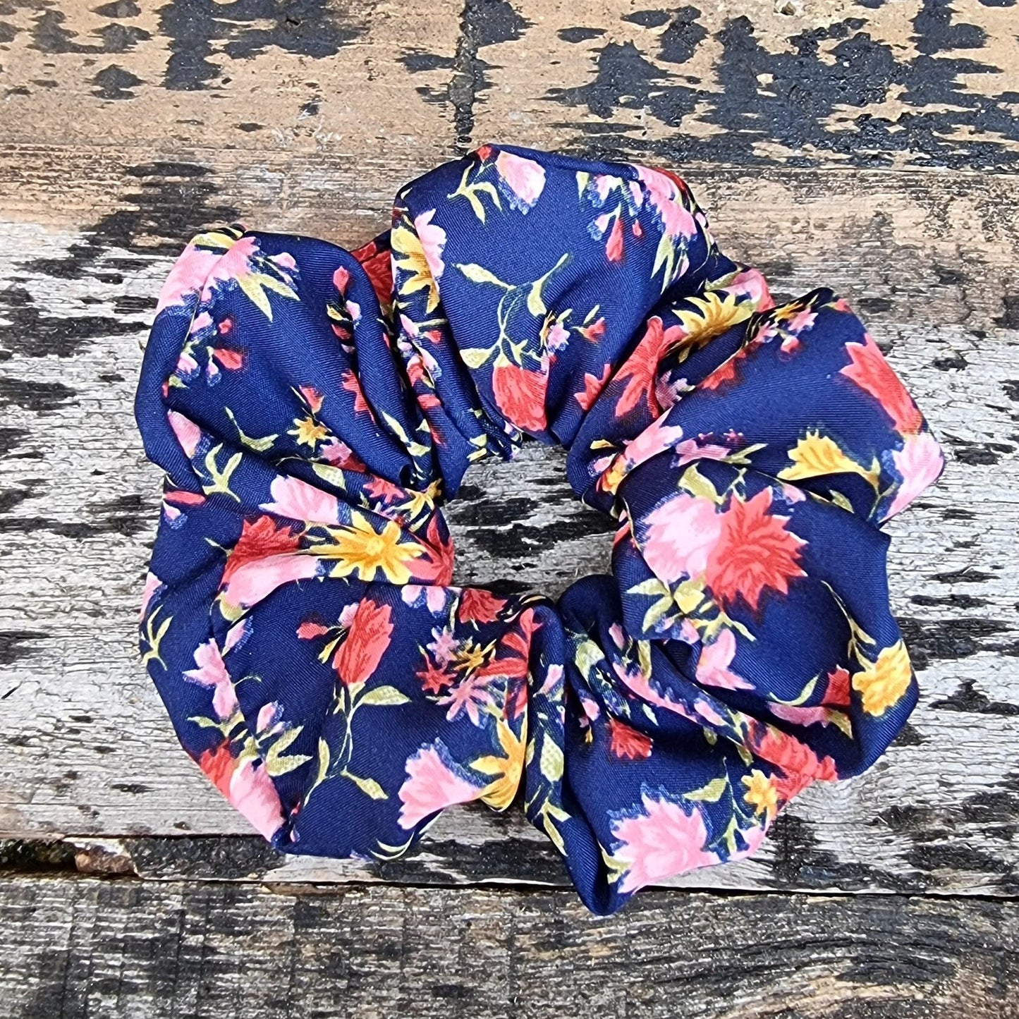 Navy And Pink Scattered Floral Crepe Scrunchie | Hair Tie