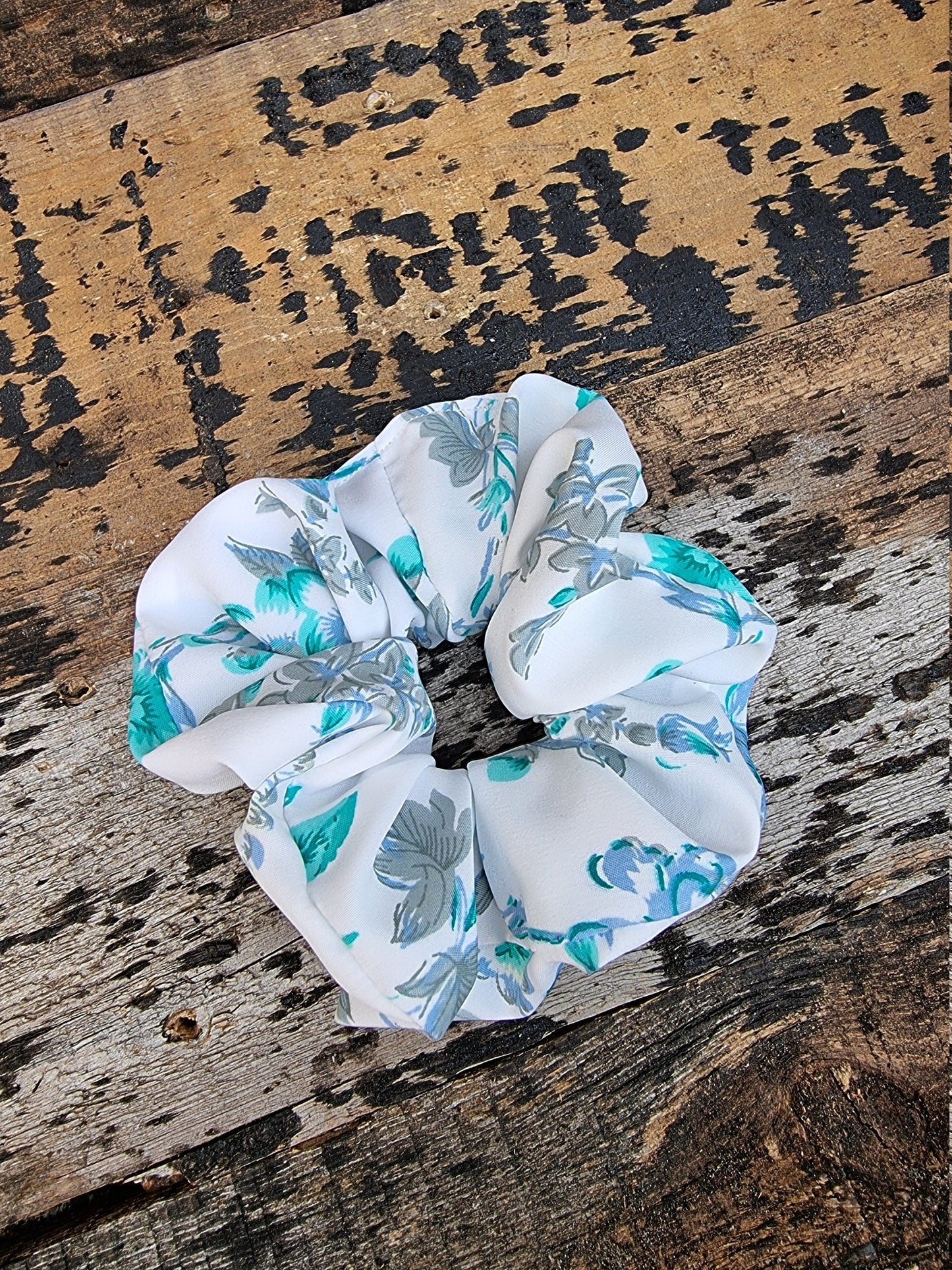 White And Aqua Floral Crepe Scrunchie | Hair Tie