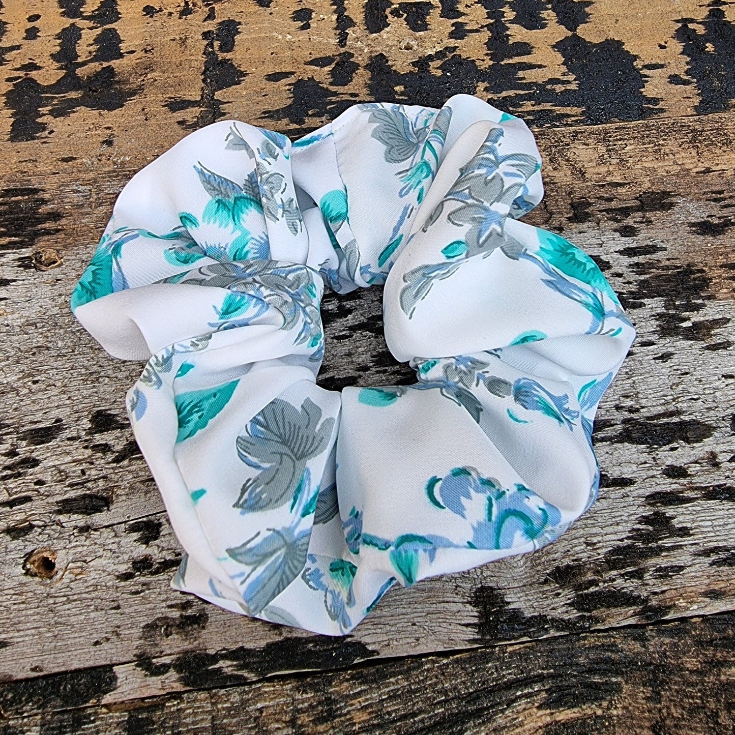 White And Aqua Floral Crepe Scrunchie | Hair Tie