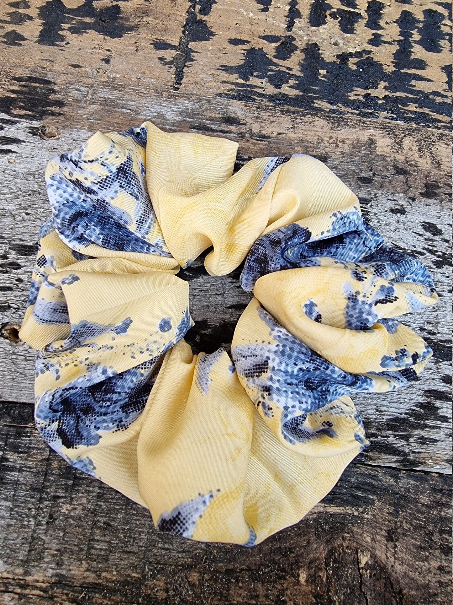 Lemon Yellow Pixilated Rose Floral Crepe Scrunchie | Hair Tie