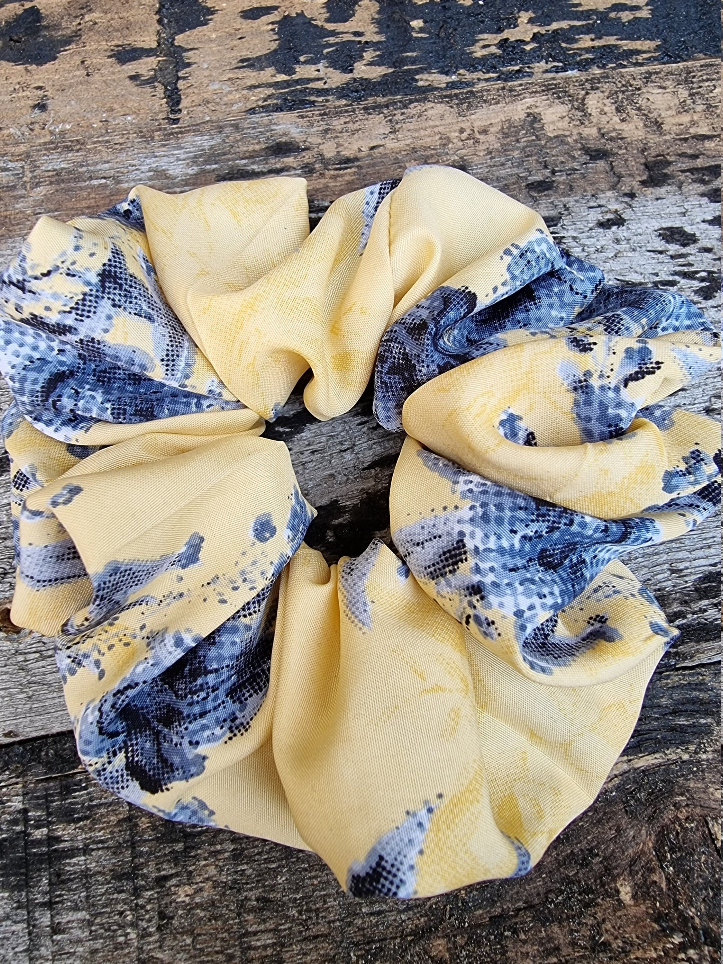 Lemon Yellow Pixilated Rose Floral Crepe Scrunchie | Hair Tie