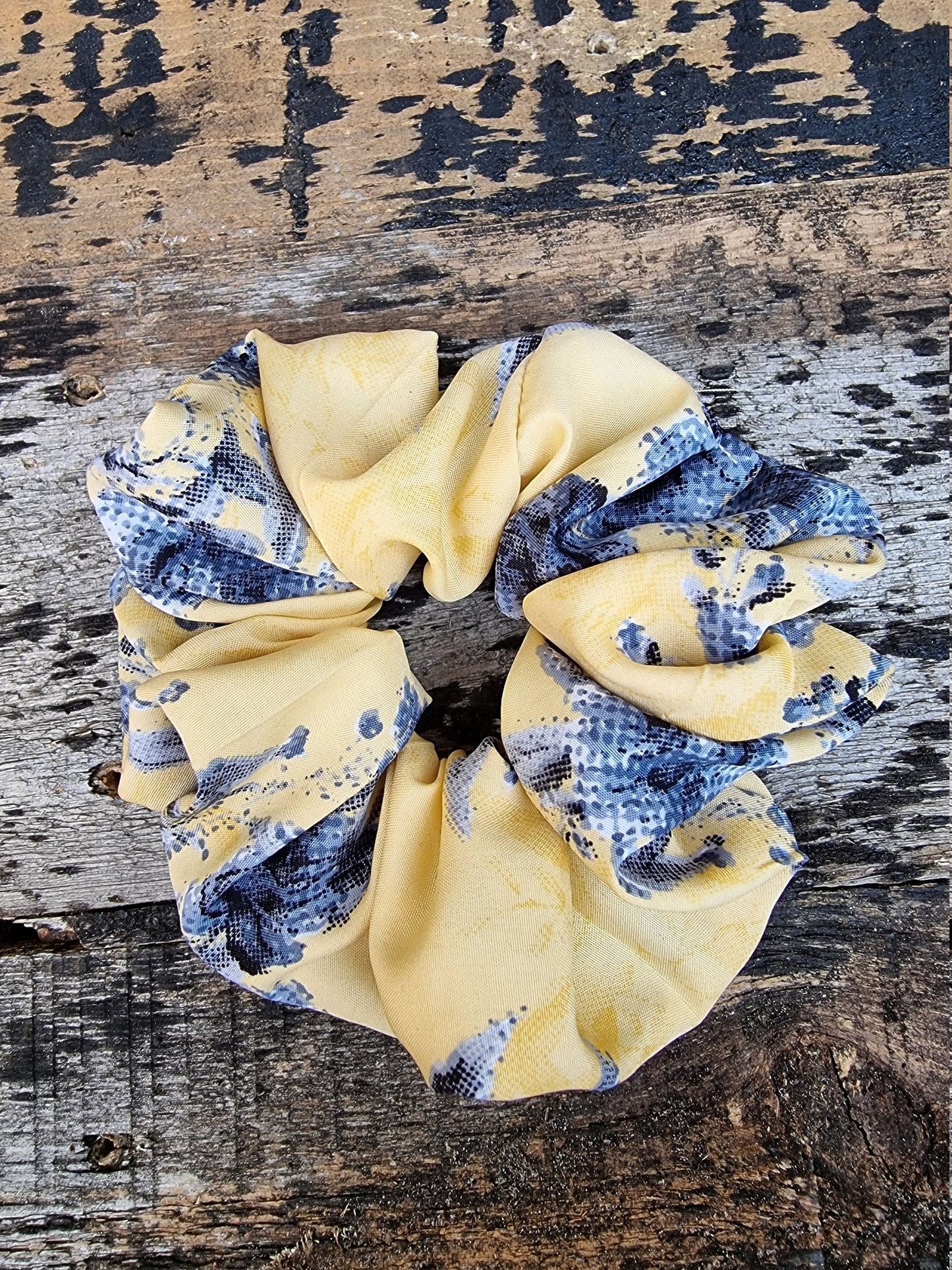 Lemon Yellow Pixilated Rose Floral Crepe Scrunchie | Hair Tie