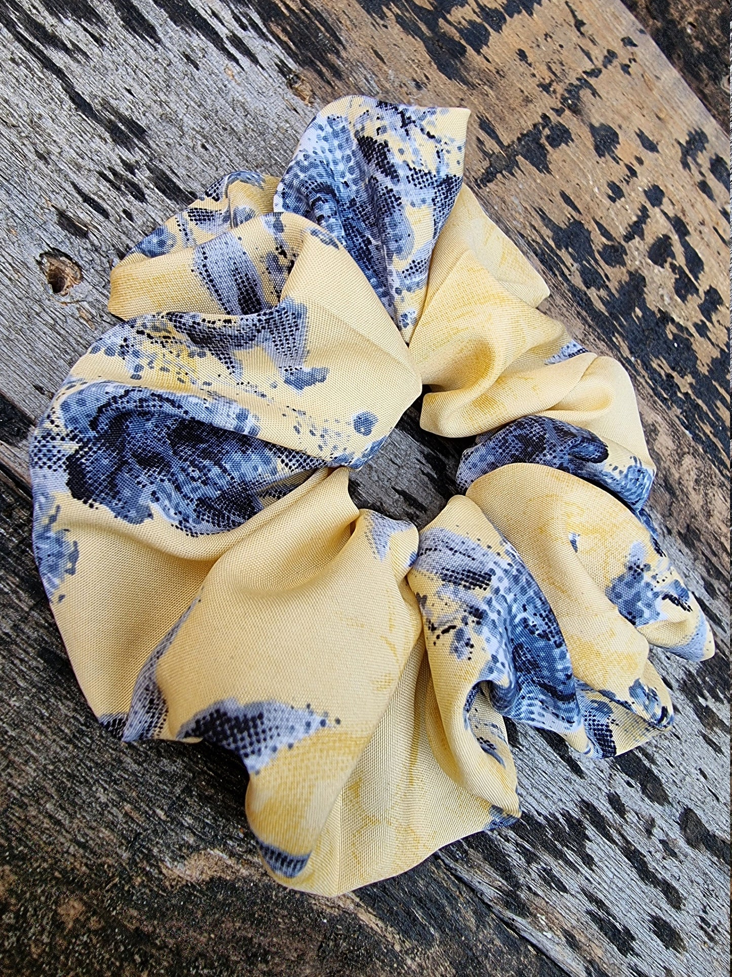 Lemon Yellow Pixilated Rose Floral Crepe Scrunchie | Hair Tie