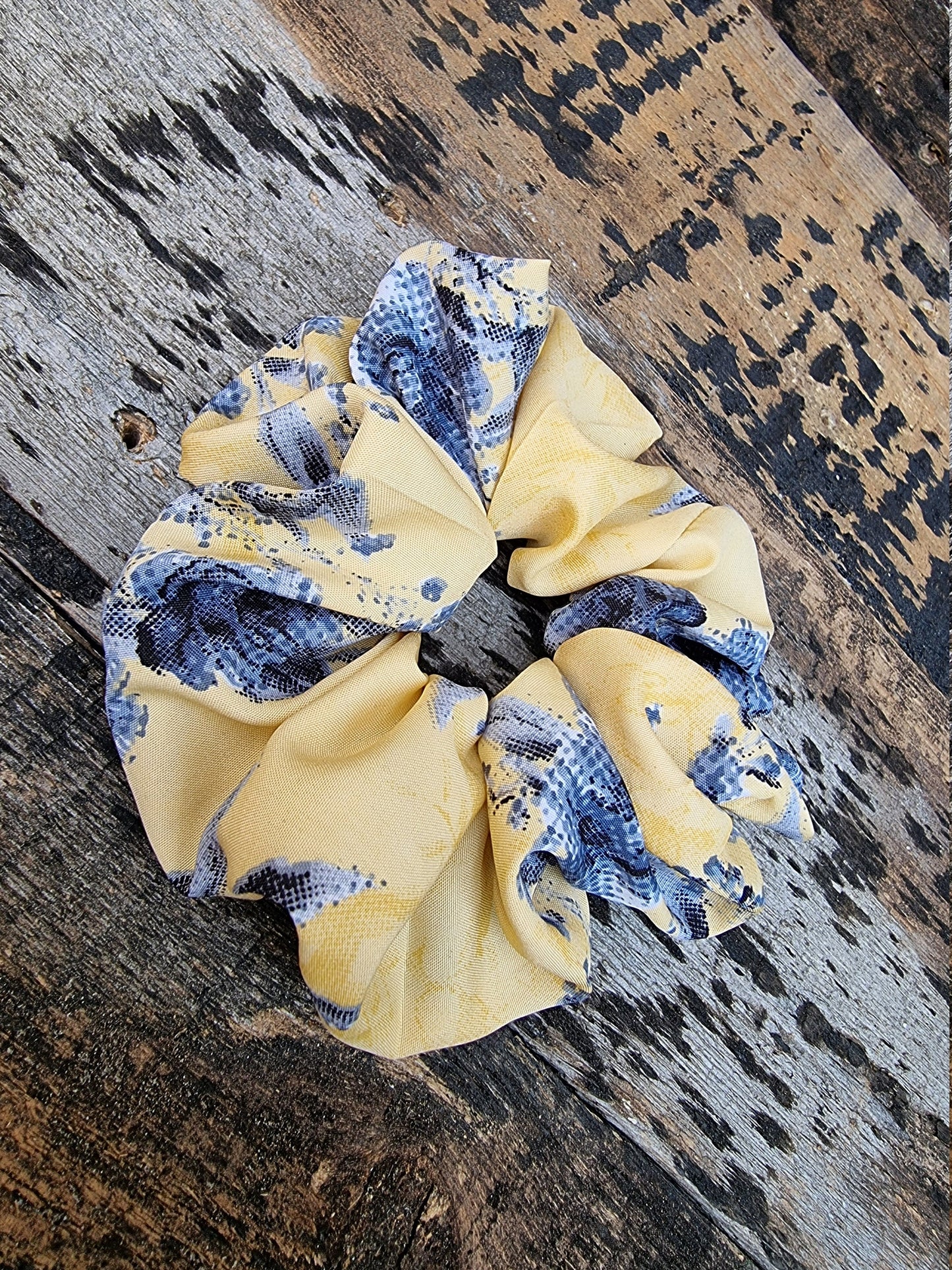 Lemon Yellow Pixilated Rose Floral Crepe Scrunchie | Hair Tie