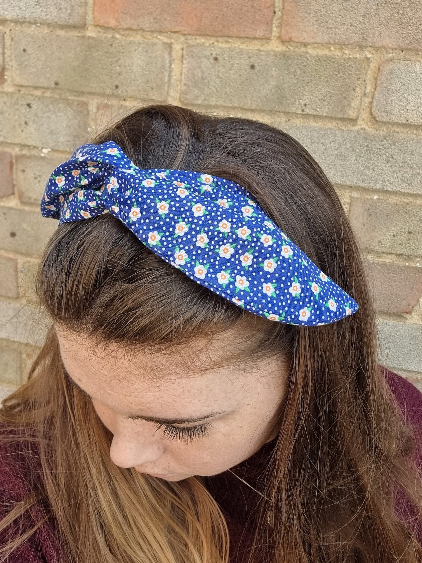 Dark Blue Mini Daisies and Dots Wired Headband