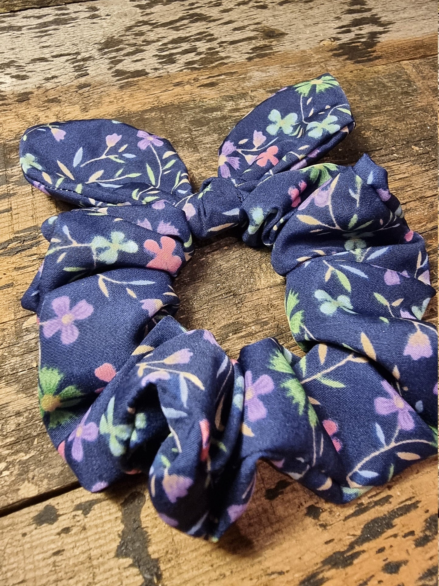 Navy Floral Crepe Bow Scrunchie | Removeable Bow