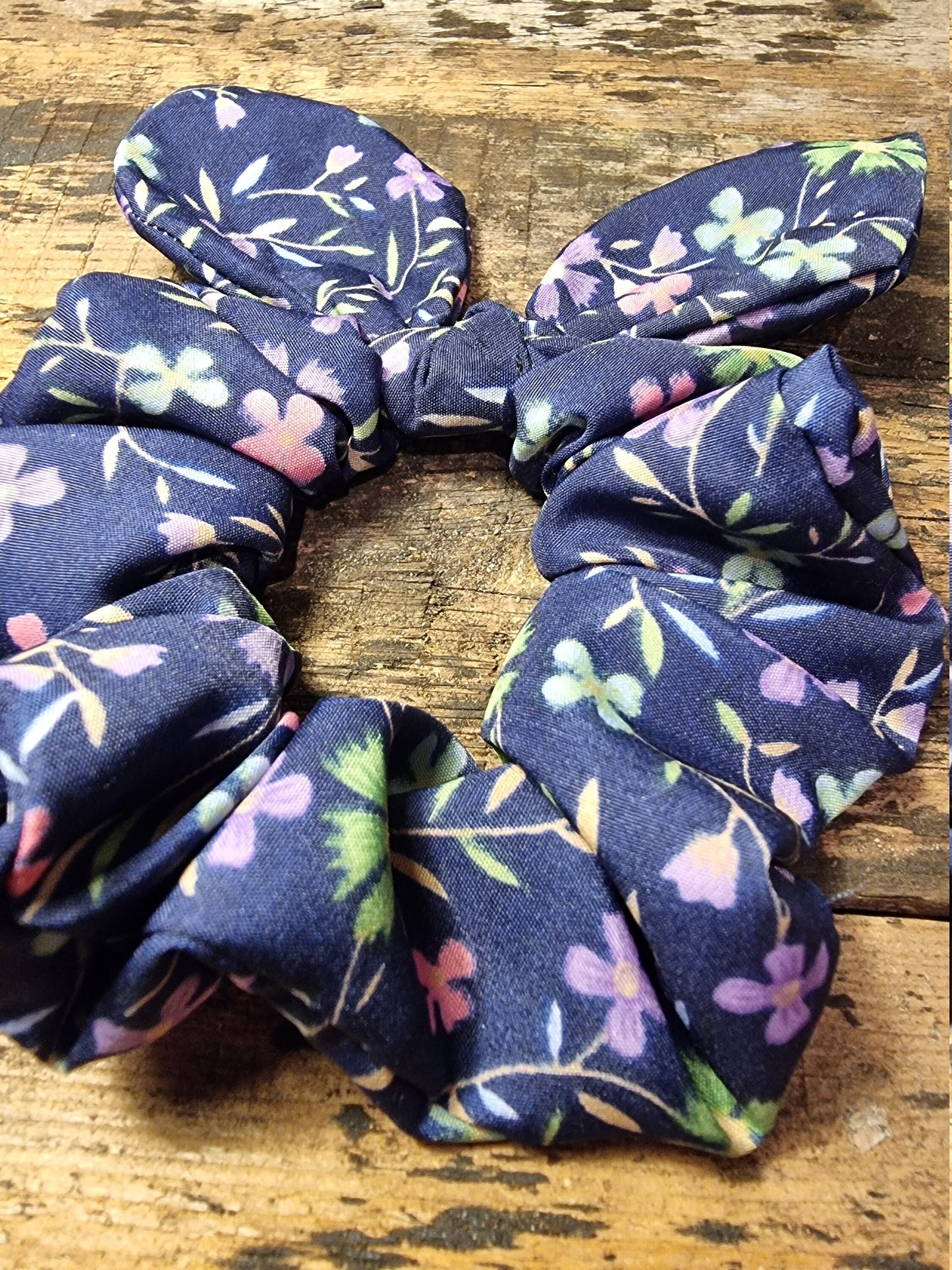 Navy Floral Crepe Bow Scrunchie | Removeable Bow