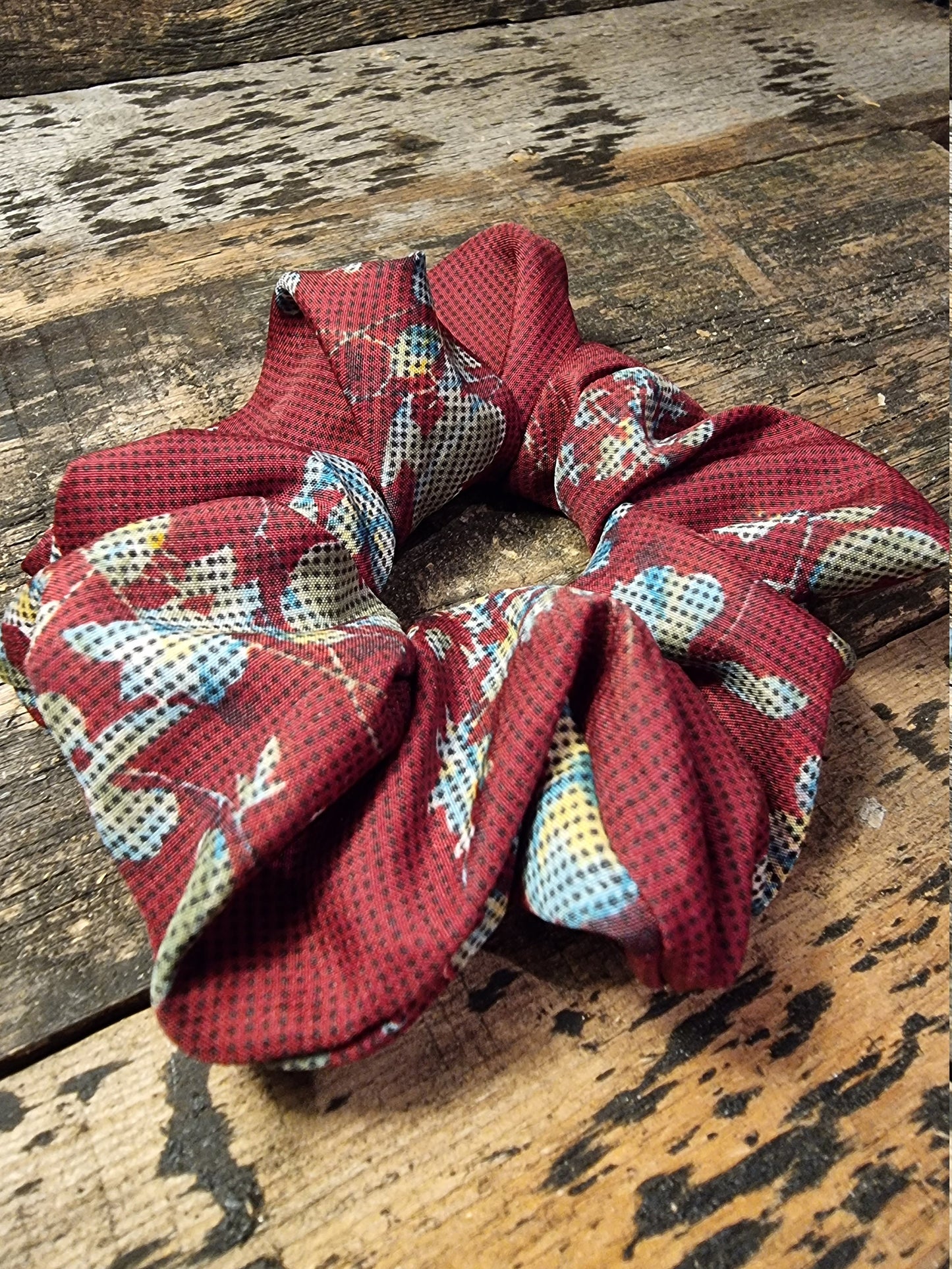 Maroon Floral Tapestry Look Super Soft Crepe Bow Scrunchie | Removeable Bow