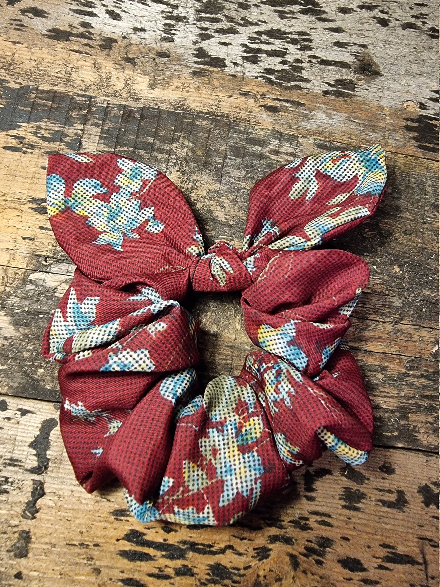 Maroon Floral Tapestry Look Super Soft Crepe Bow Scrunchie | Removeable Bow