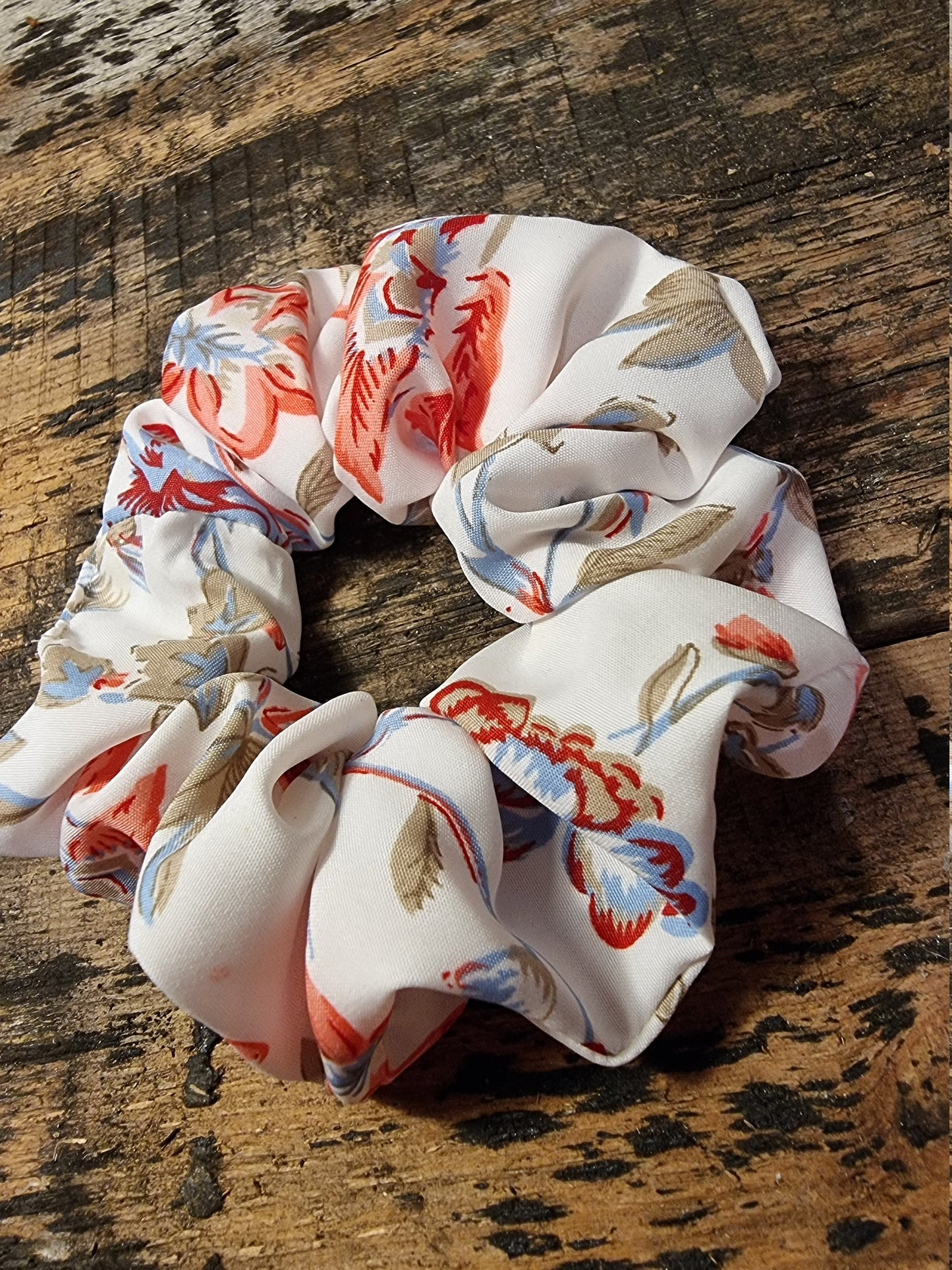 White and Pink Vintage Floral Look Super Soft Crepe Scrunchie | Hair Tie