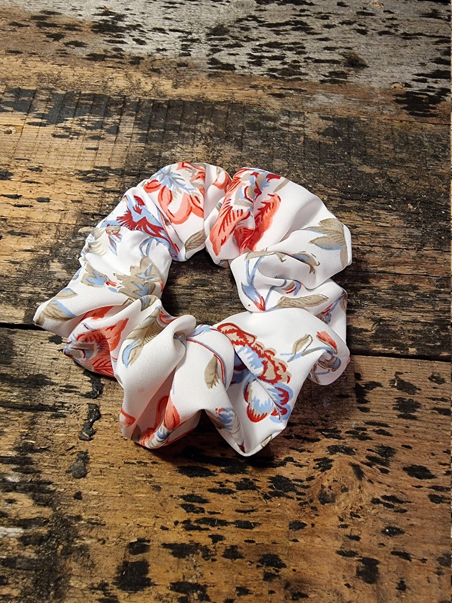 White and Pink Vintage Floral Look Super Soft Crepe Scrunchie | Hair Tie