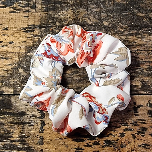 White and Pink Vintage Floral Look Super Soft Crepe Scrunchie | Hair Tie