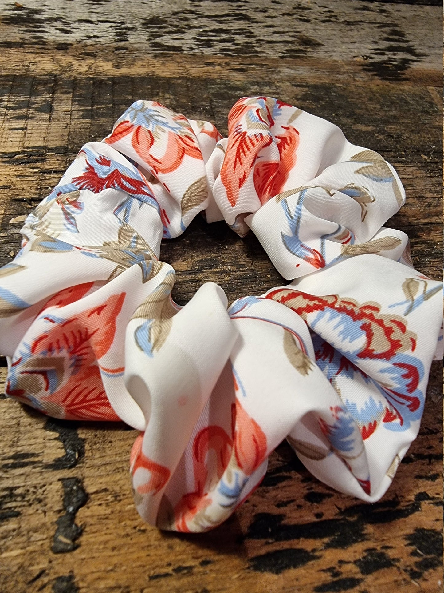 White and Pink Vintage Floral Look Crepe Bow Scrunchie | Removeable Bow