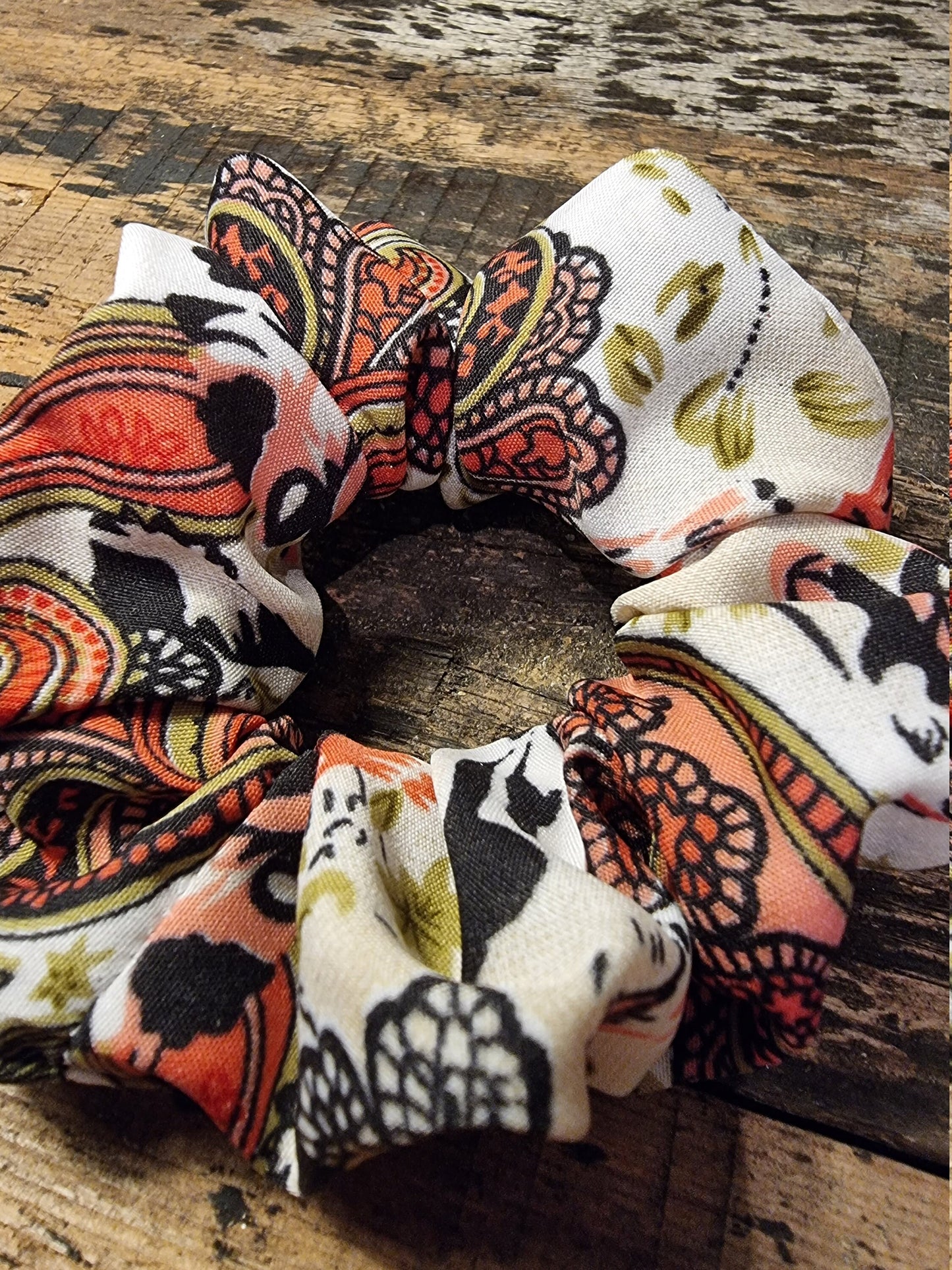 Cream and Pink Vintage Floral Paisley Look Super Soft Crepe Scrunchie | Hair Tie