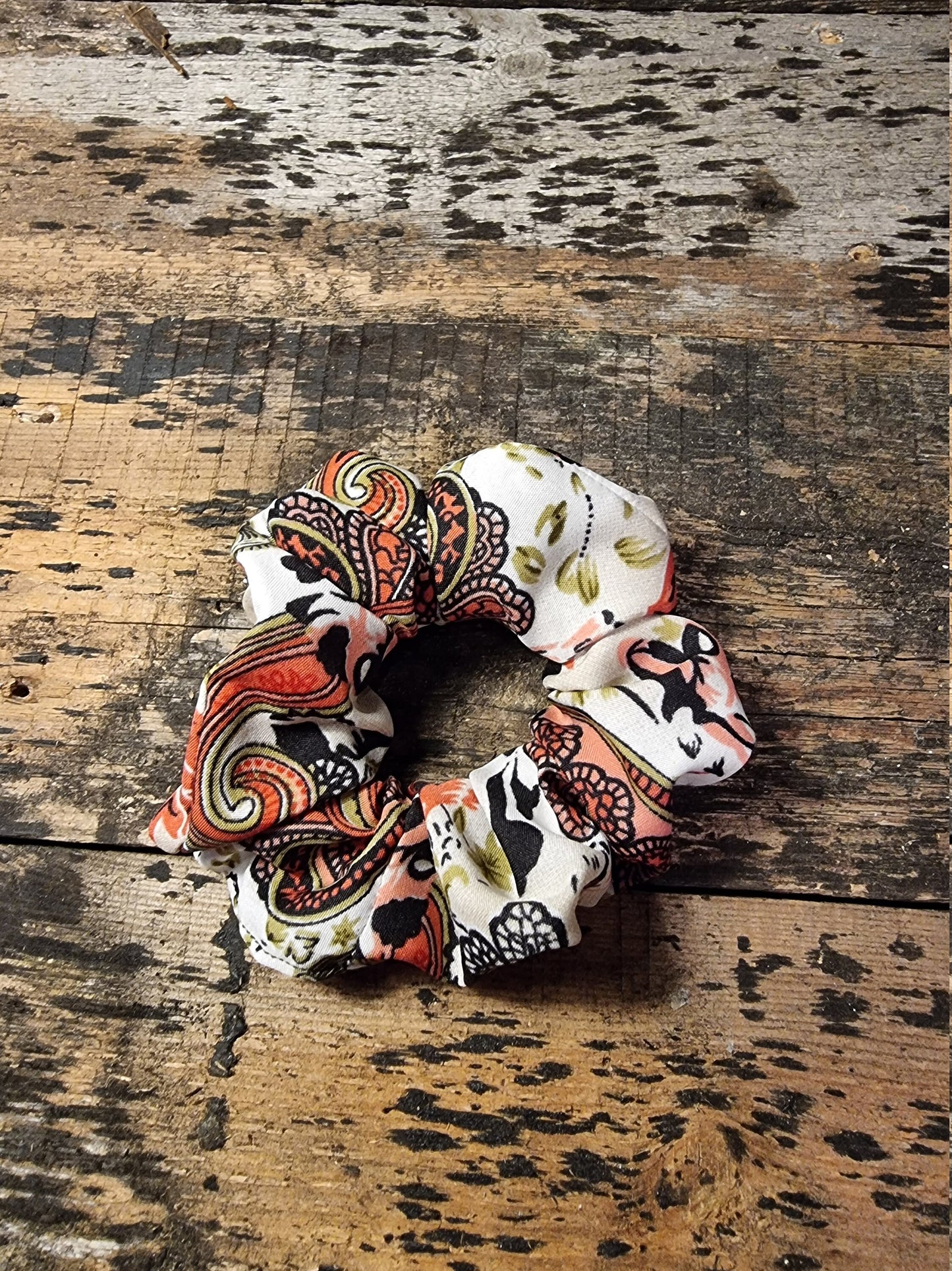 Cream and Pink Vintage Floral Paisley Look Super Soft Crepe Scrunchie | Hair Tie