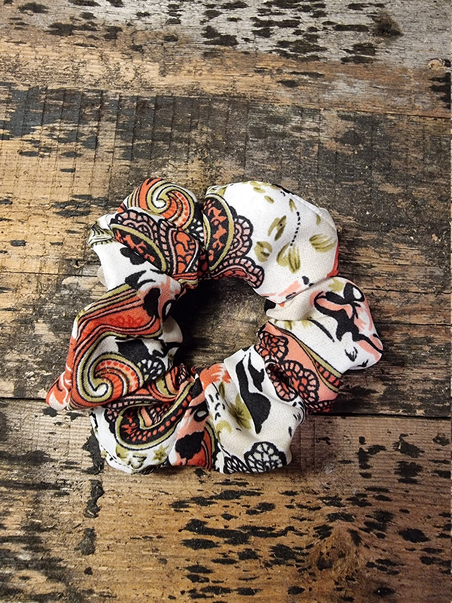 Cream and Pink Vintage Floral Paisley Look Super Soft Crepe Scrunchie | Hair Tie