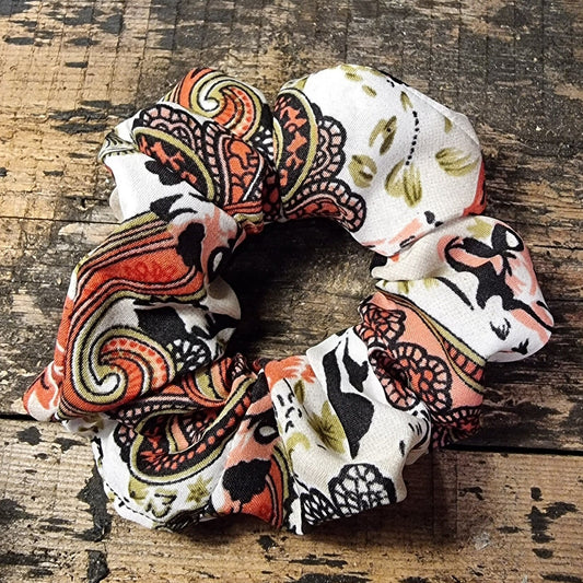 Cream and Pink Vintage Floral Paisley Look Super Soft Crepe Scrunchie | Hair Tie