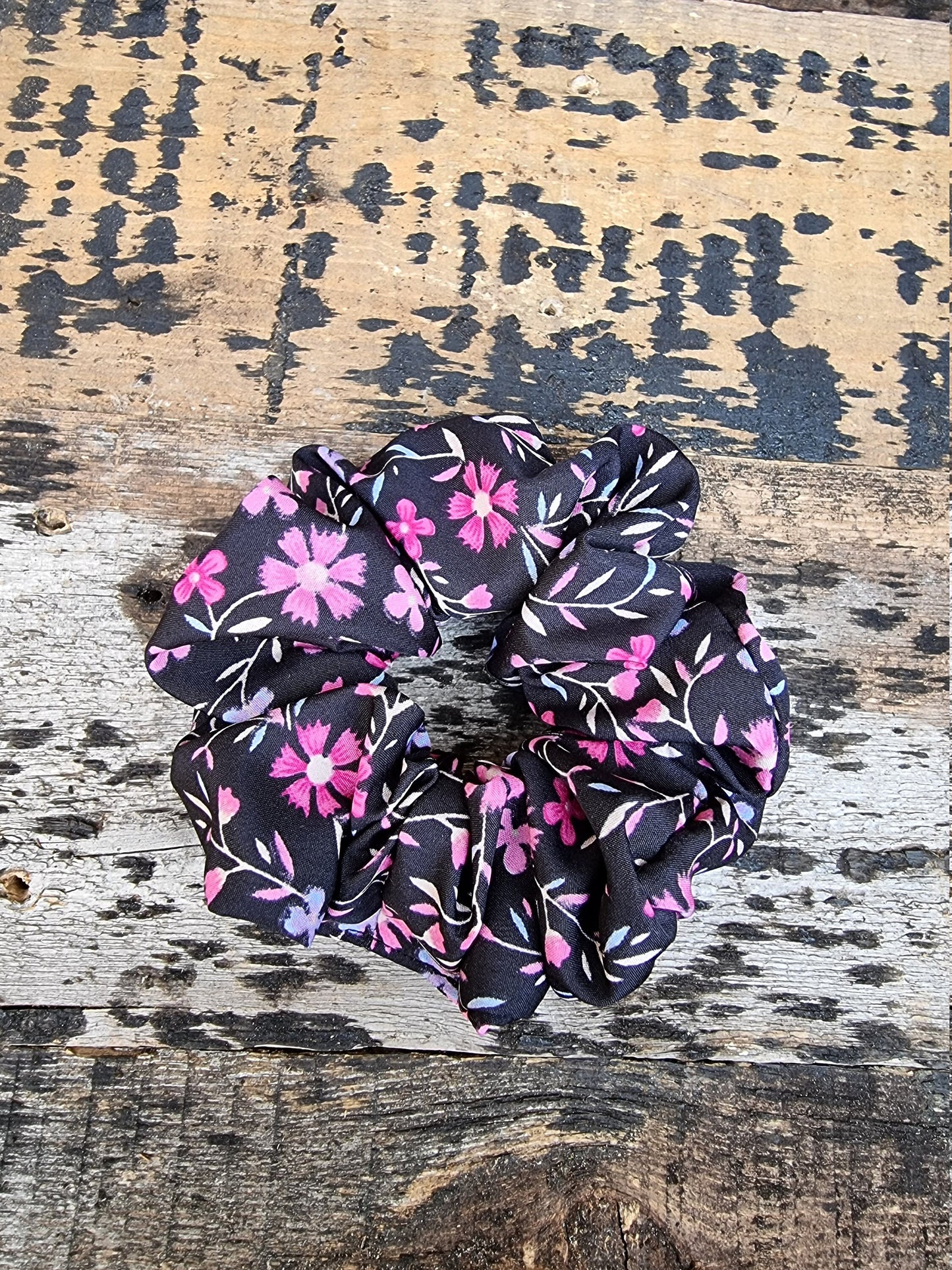 Black and Pink Floral Crepe Scrunchie | Hair Tie