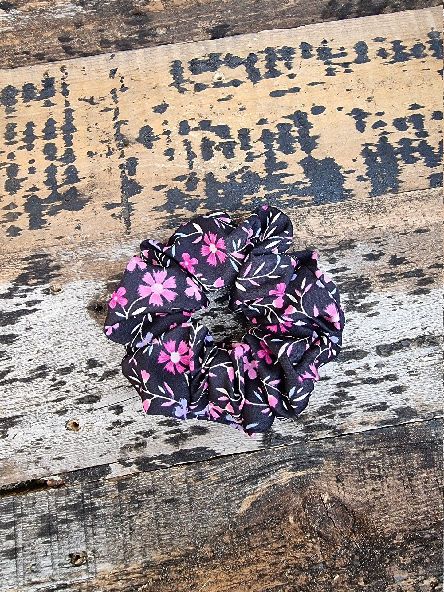 Black and Pink Floral Crepe Scrunchie | Hair Tie