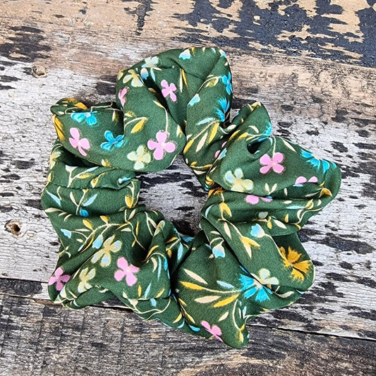 Green Scattered Floral Crepe Scrunchie | Hair Tie