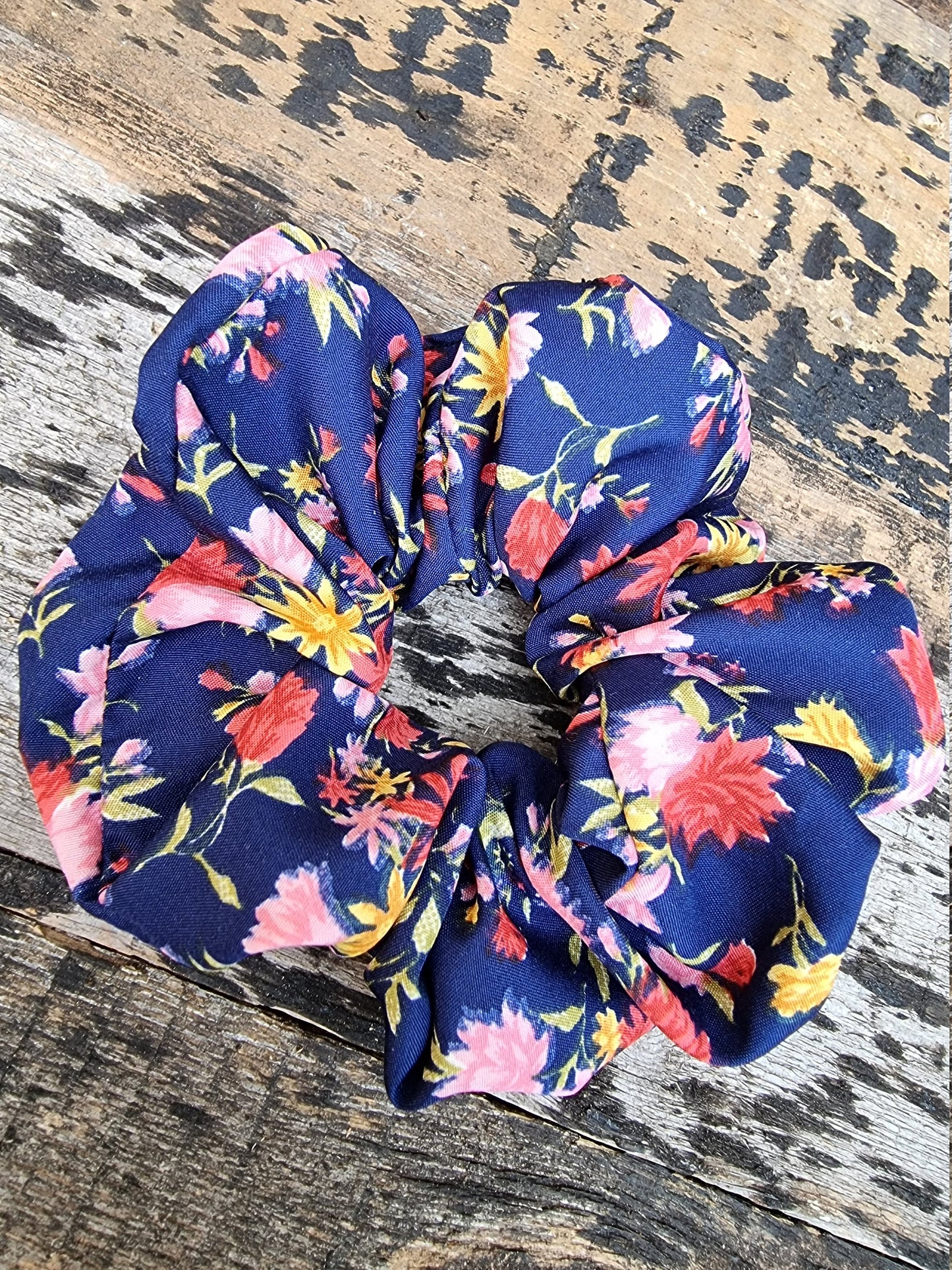 Navy And Pink Scattered Floral Crepe Scrunchie | Hair Tie