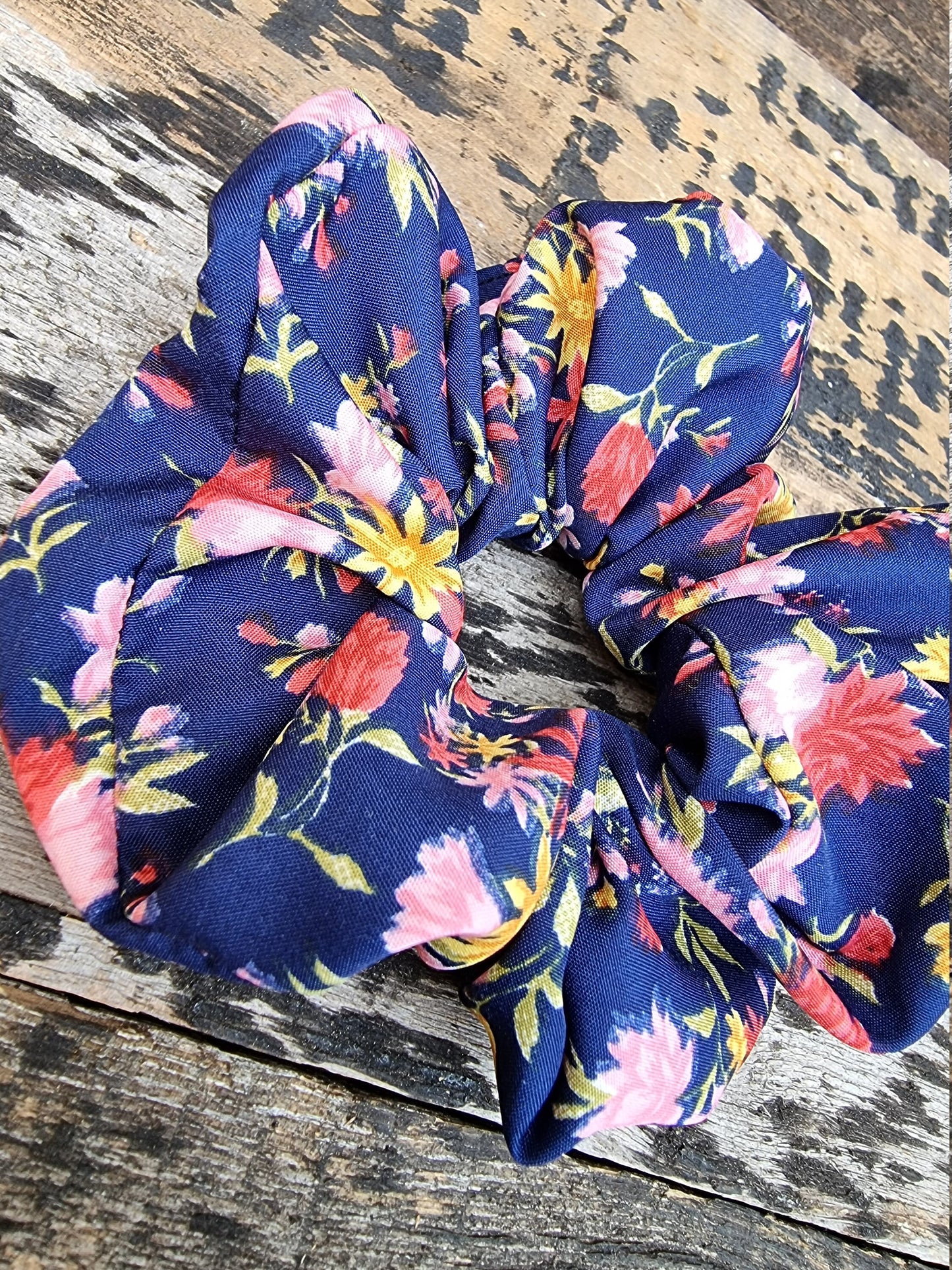 Navy And Pink Scattered Floral Crepe Scrunchie | Hair Tie