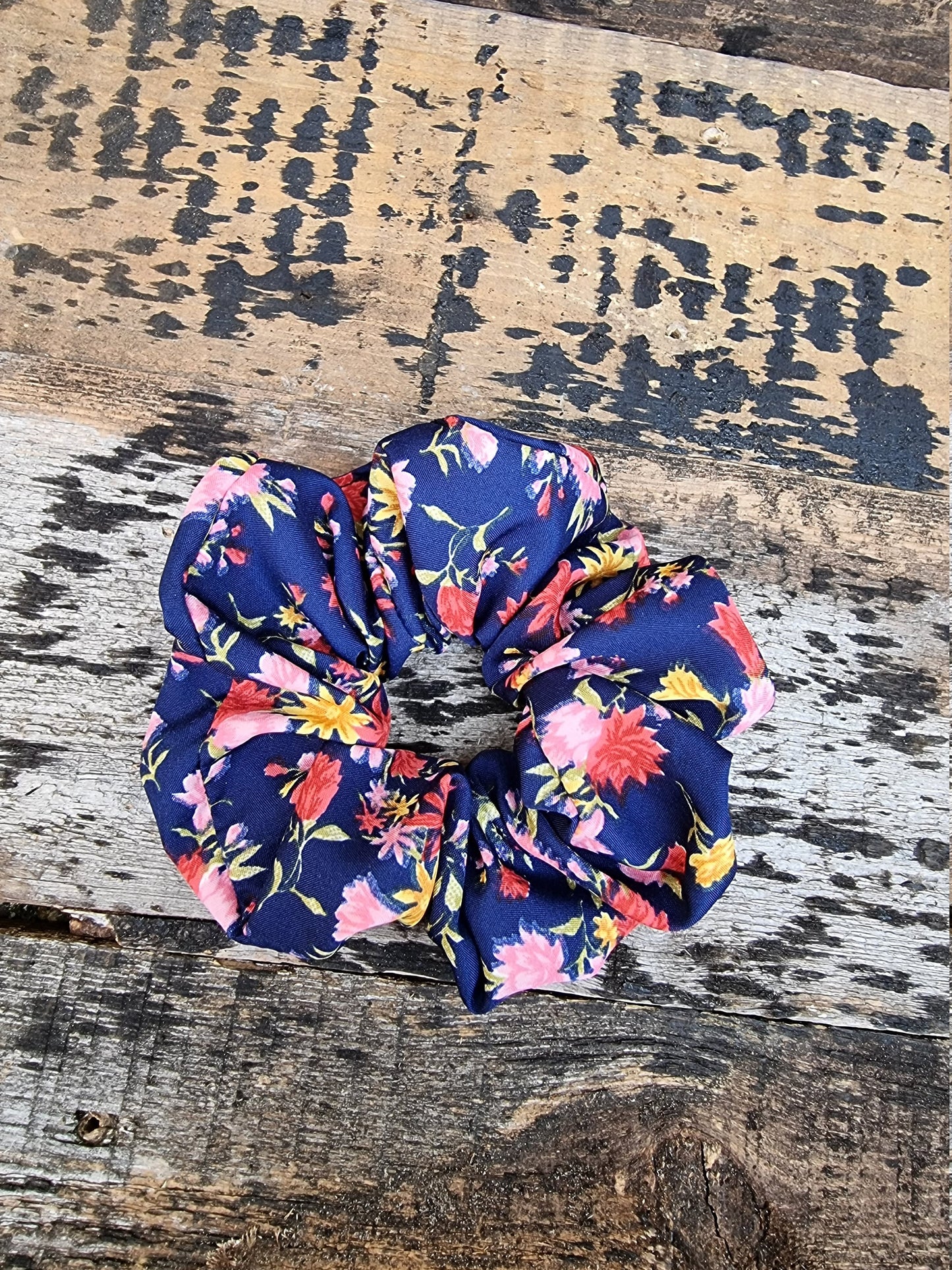 Navy And Pink Scattered Floral Crepe Scrunchie | Hair Tie