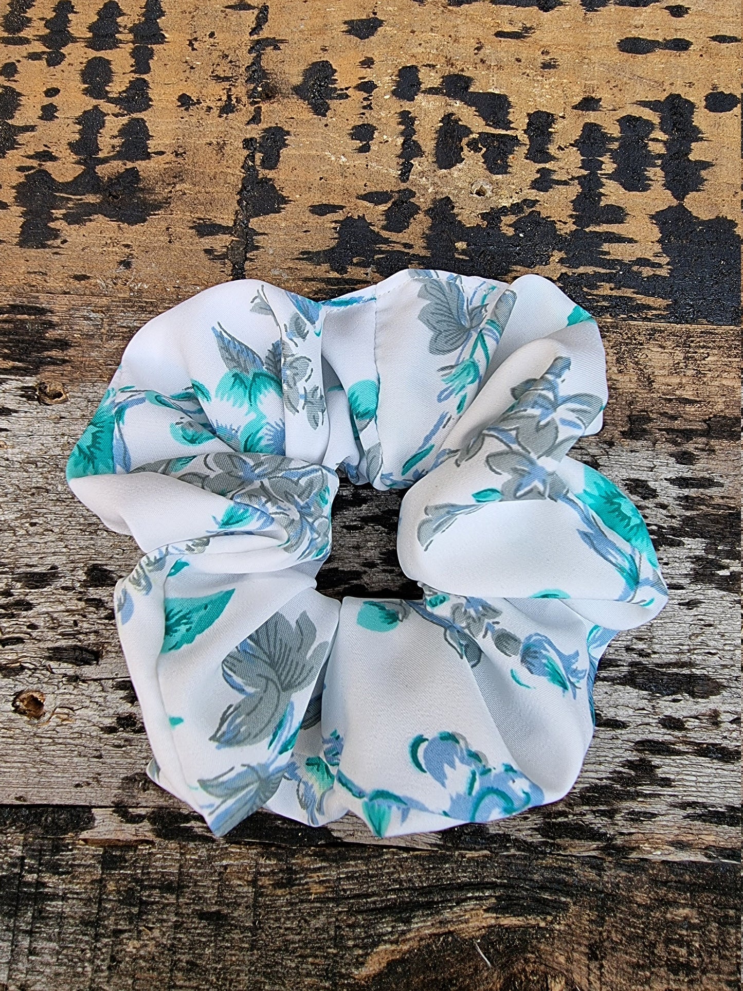 White And Aqua Floral Crepe Scrunchie | Hair Tie