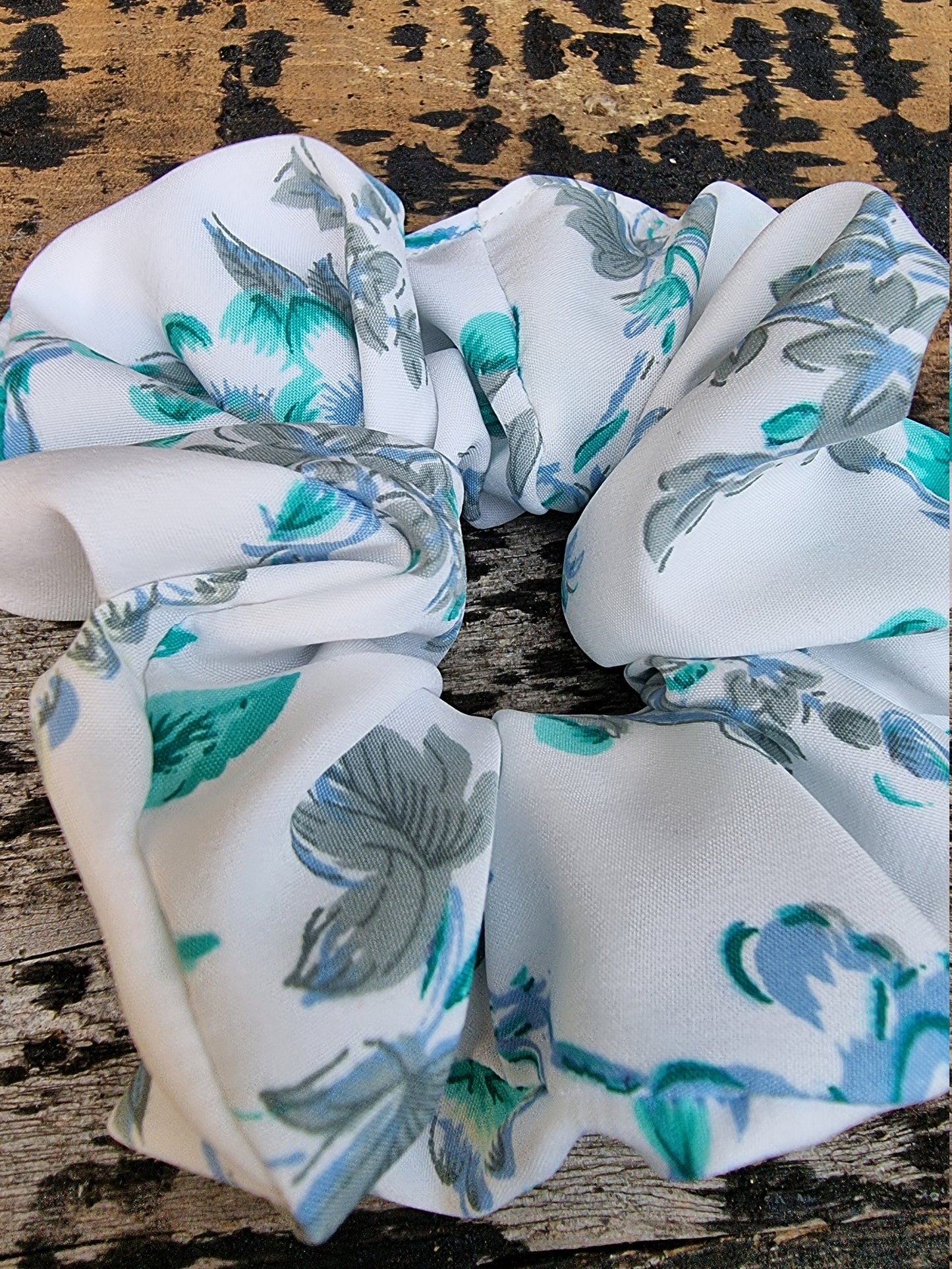 White And Aqua Floral Crepe Scrunchie | Hair Tie