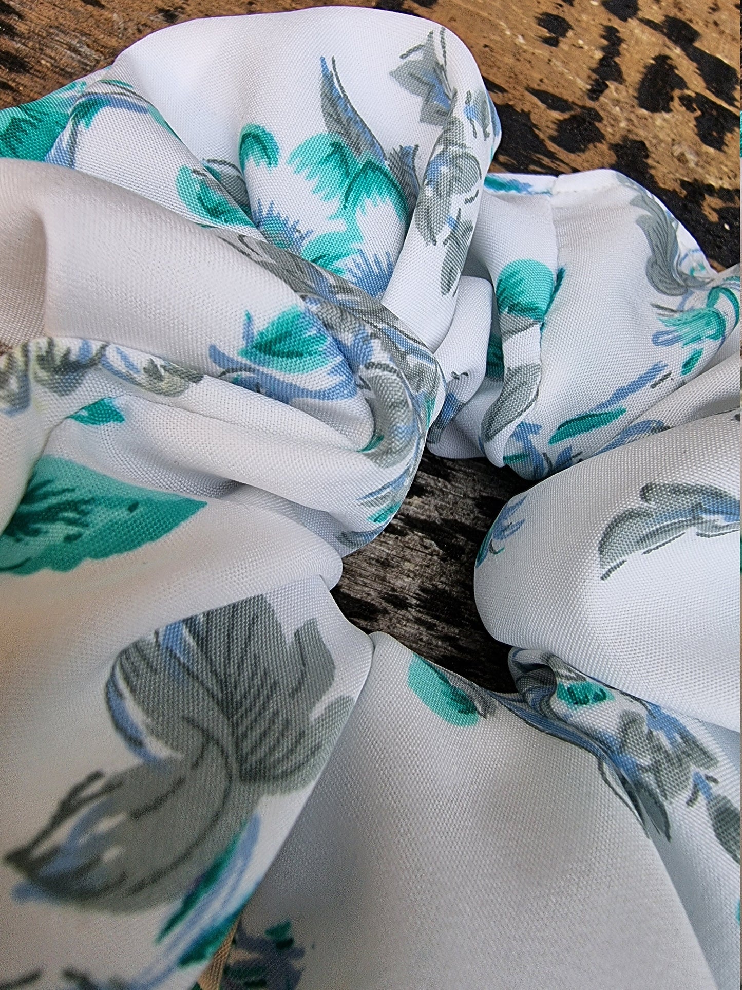 White And Aqua Floral Crepe Scrunchie | Hair Tie