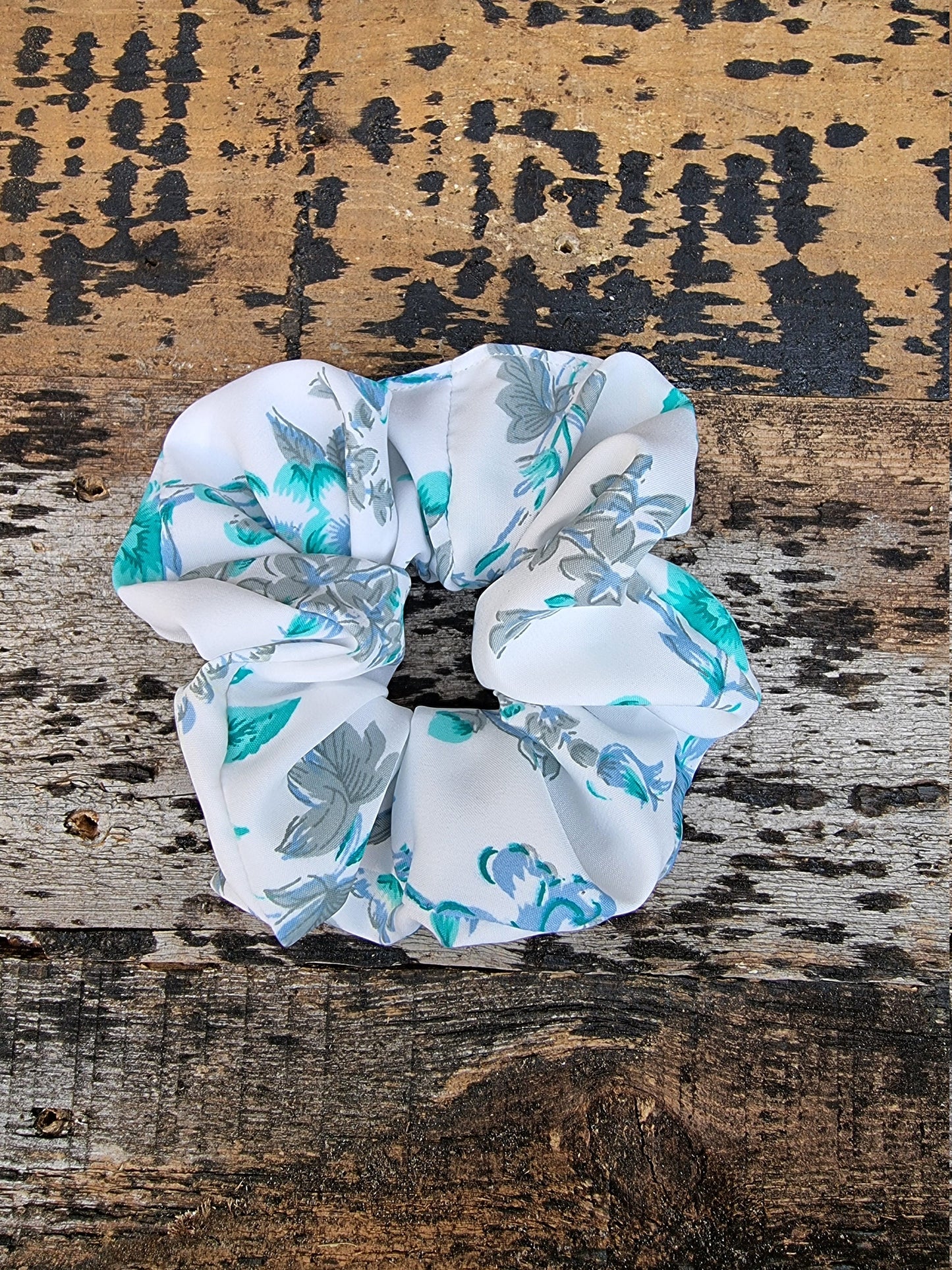 White And Aqua Floral Crepe Scrunchie | Hair Tie