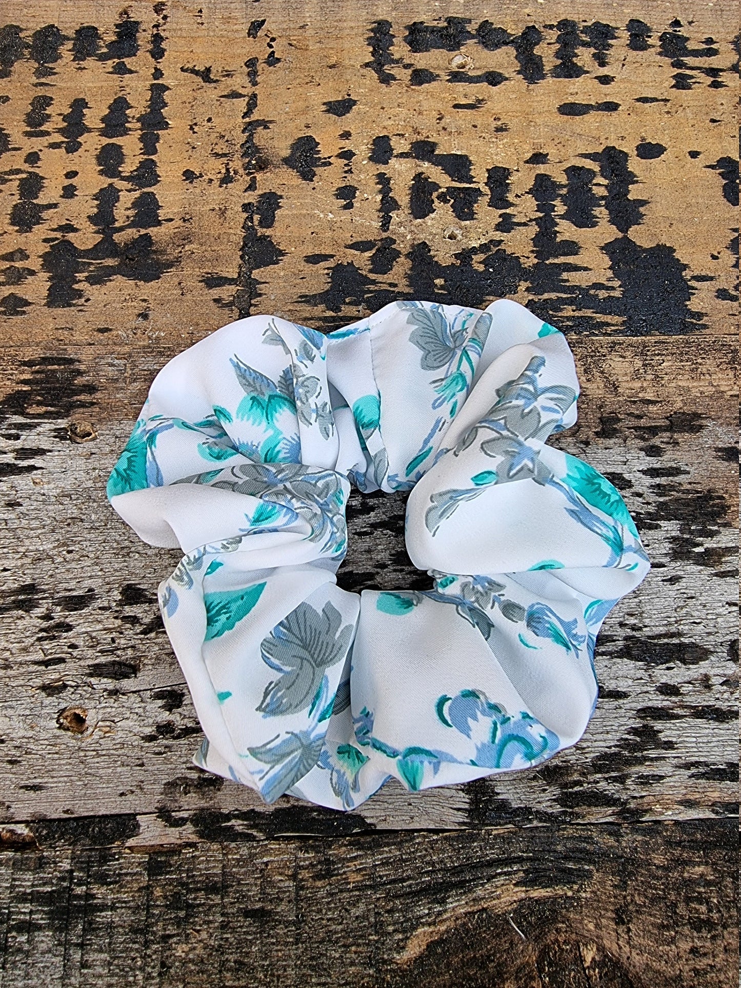 White And Aqua Floral Crepe Scrunchie | Hair Tie