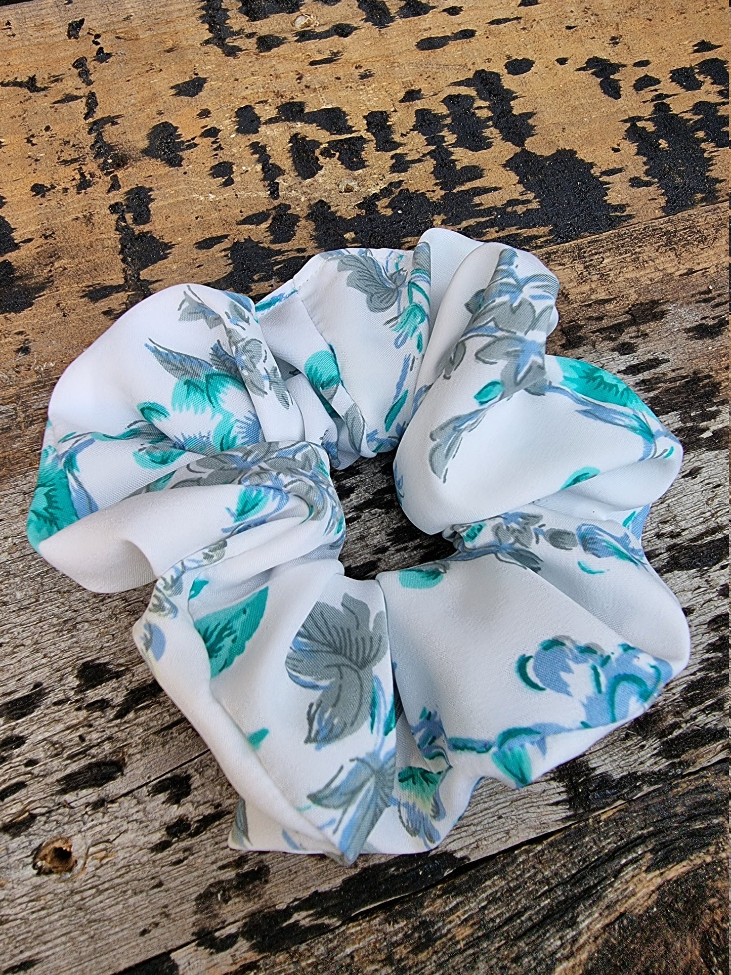 White And Aqua Floral Crepe Scrunchie | Hair Tie