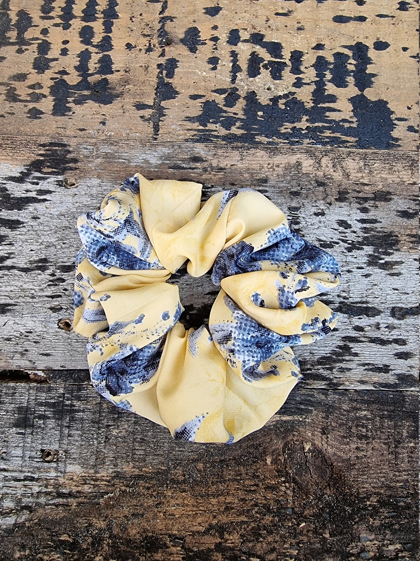 Lemon Yellow Pixilated Rose Floral Crepe Scrunchie | Hair Tie