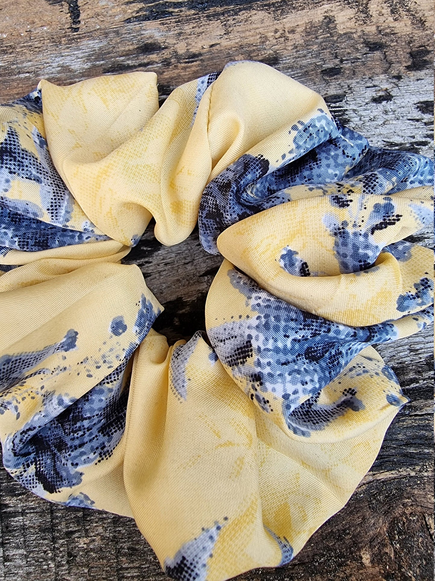 Lemon Yellow Pixilated Rose Floral Crepe Scrunchie | Hair Tie