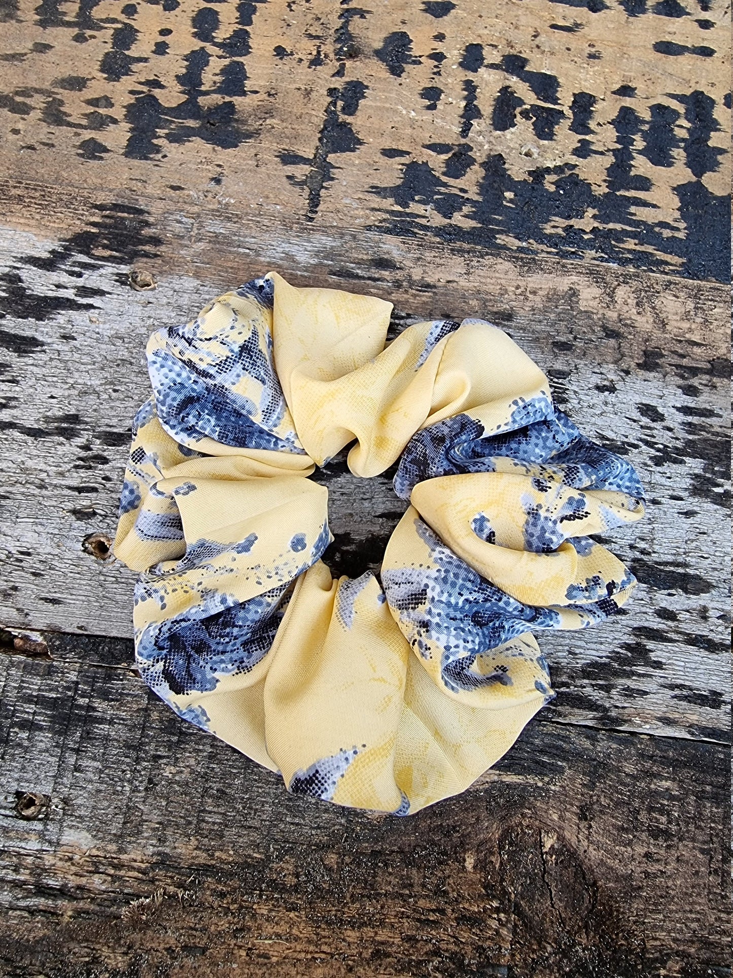 Lemon Yellow Pixilated Rose Floral Crepe Scrunchie | Hair Tie