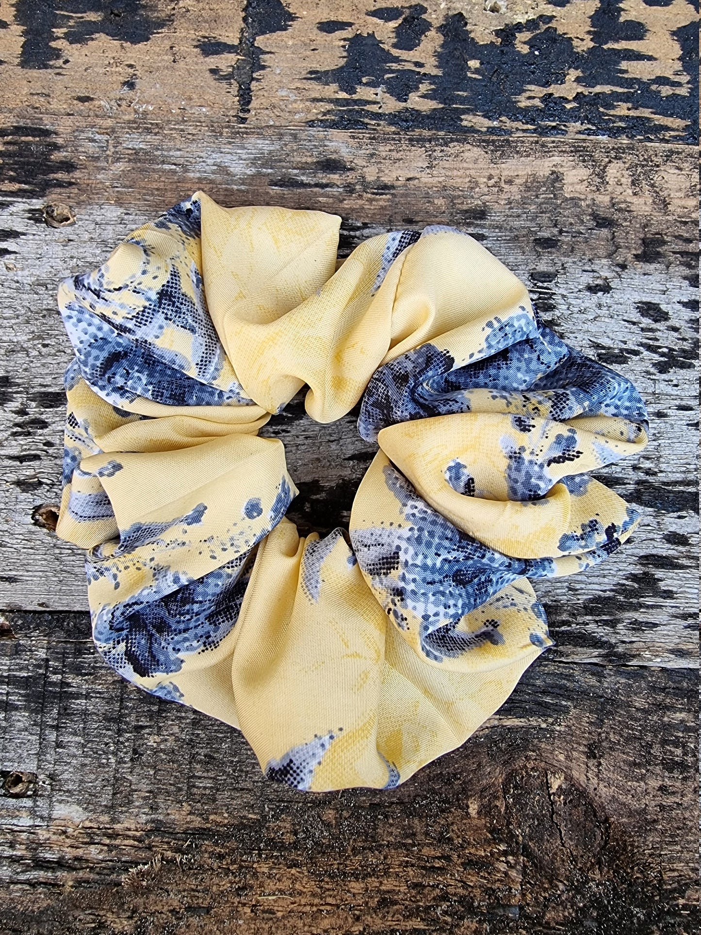 Lemon Yellow Pixilated Rose Floral Crepe Scrunchie | Hair Tie