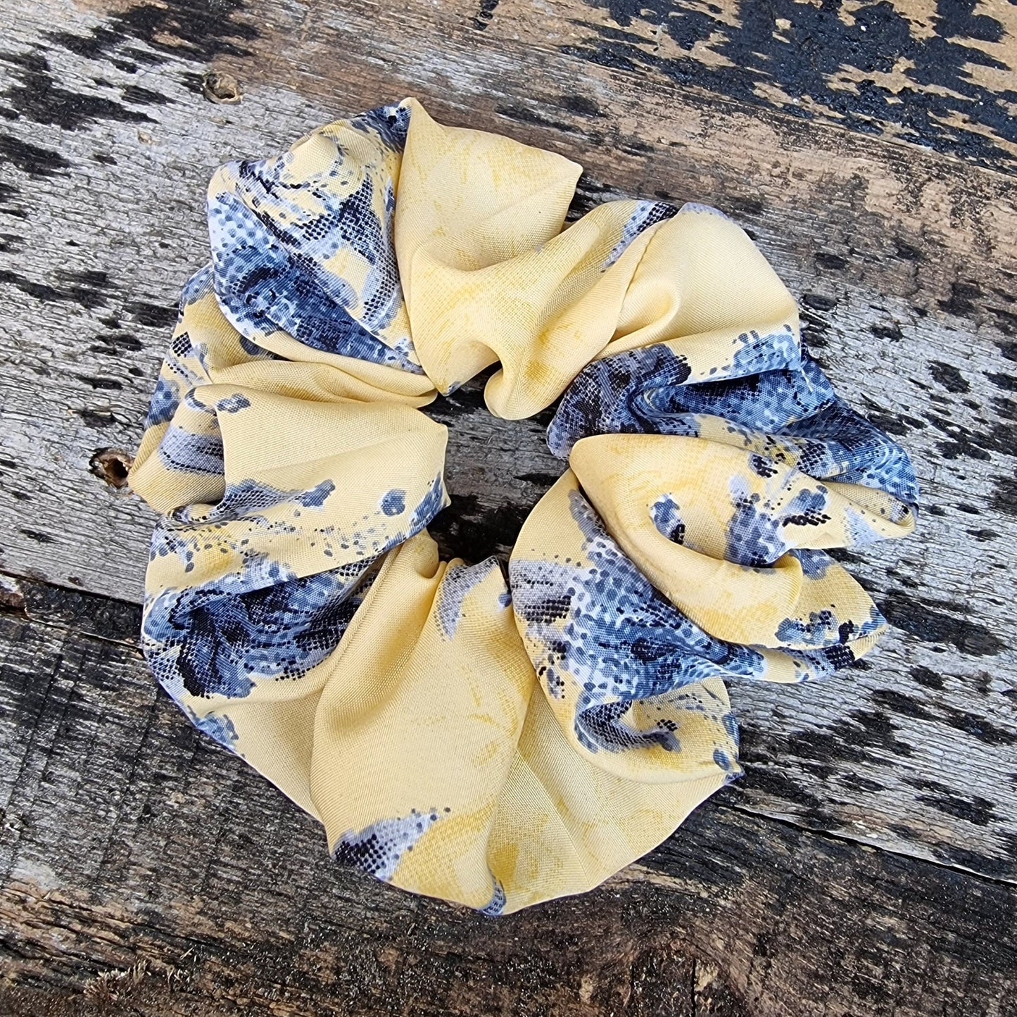 Lemon Yellow Pixilated Rose Floral Crepe Scrunchie | Hair Tie