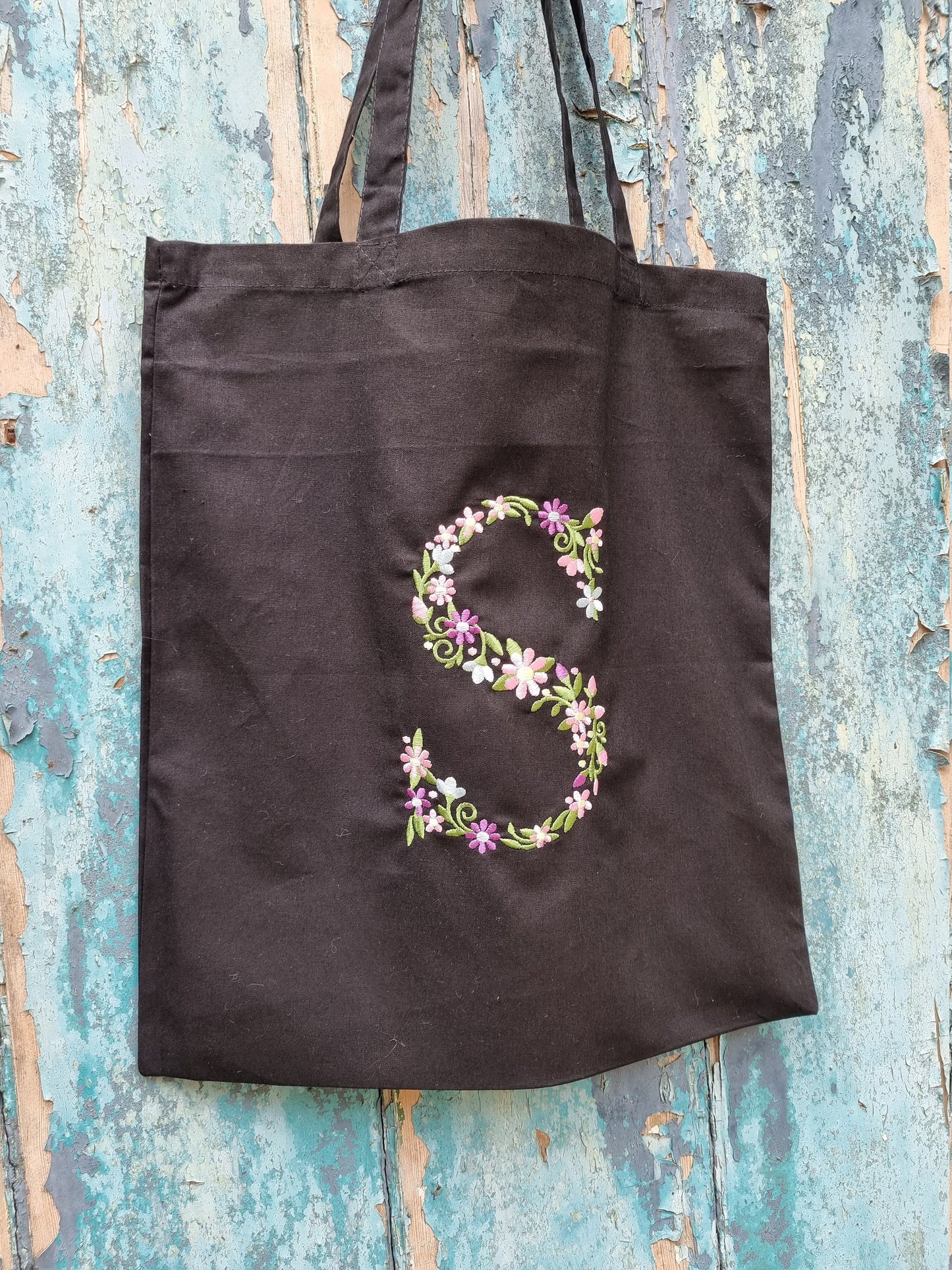 Floral Initial Embroidered Tote Bag