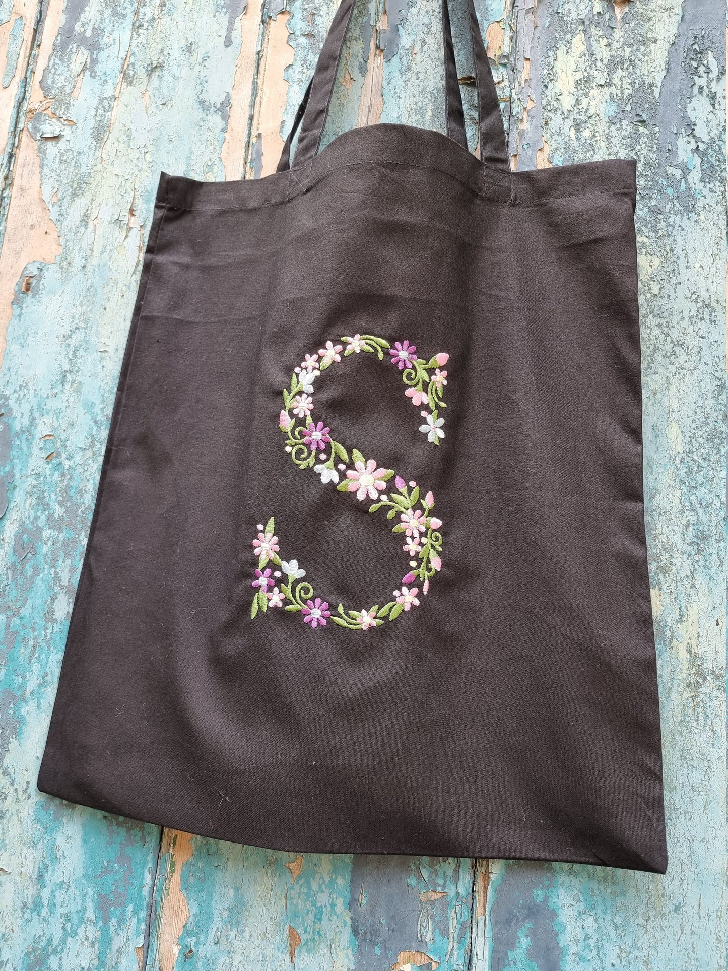 Floral Initial Embroidered Tote Bag