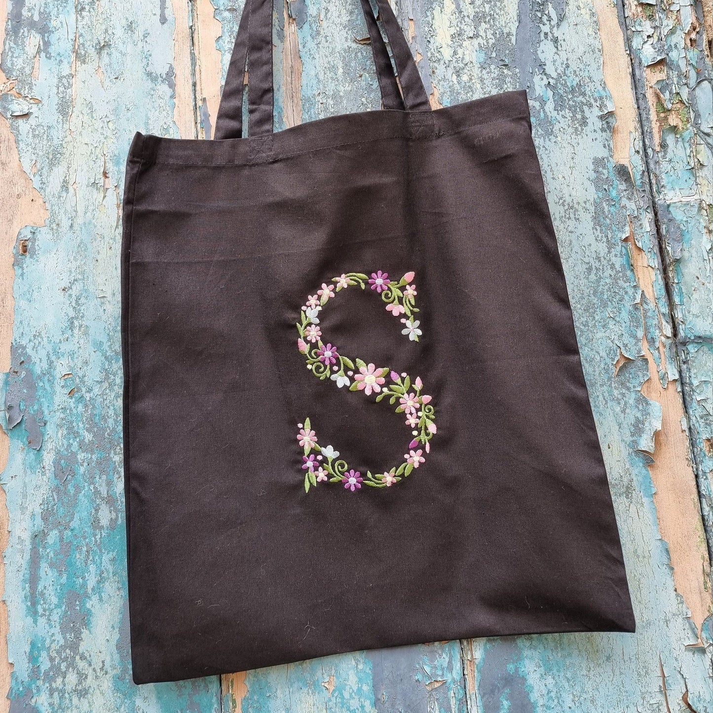 Floral Initial Embroidered Tote Bag