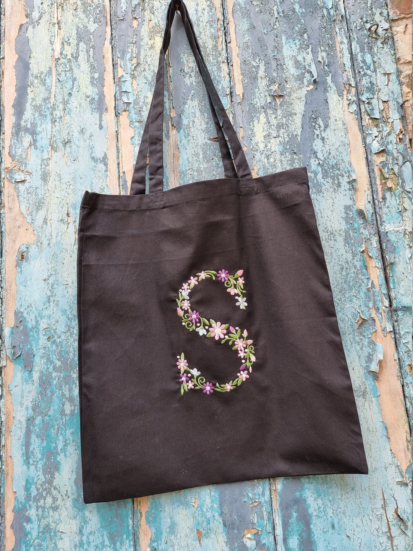 Floral Initial Embroidered Tote Bag