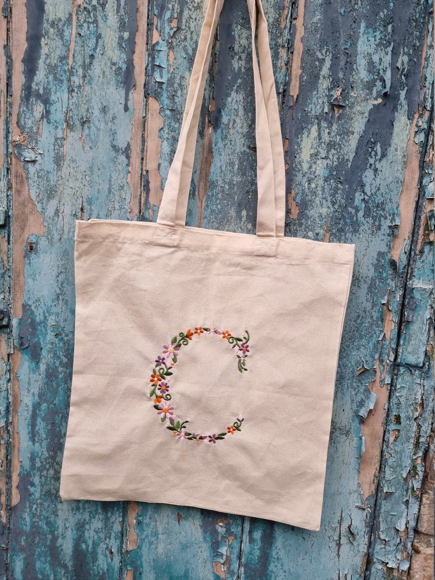 Floral Initial Embroidered Tote Bag