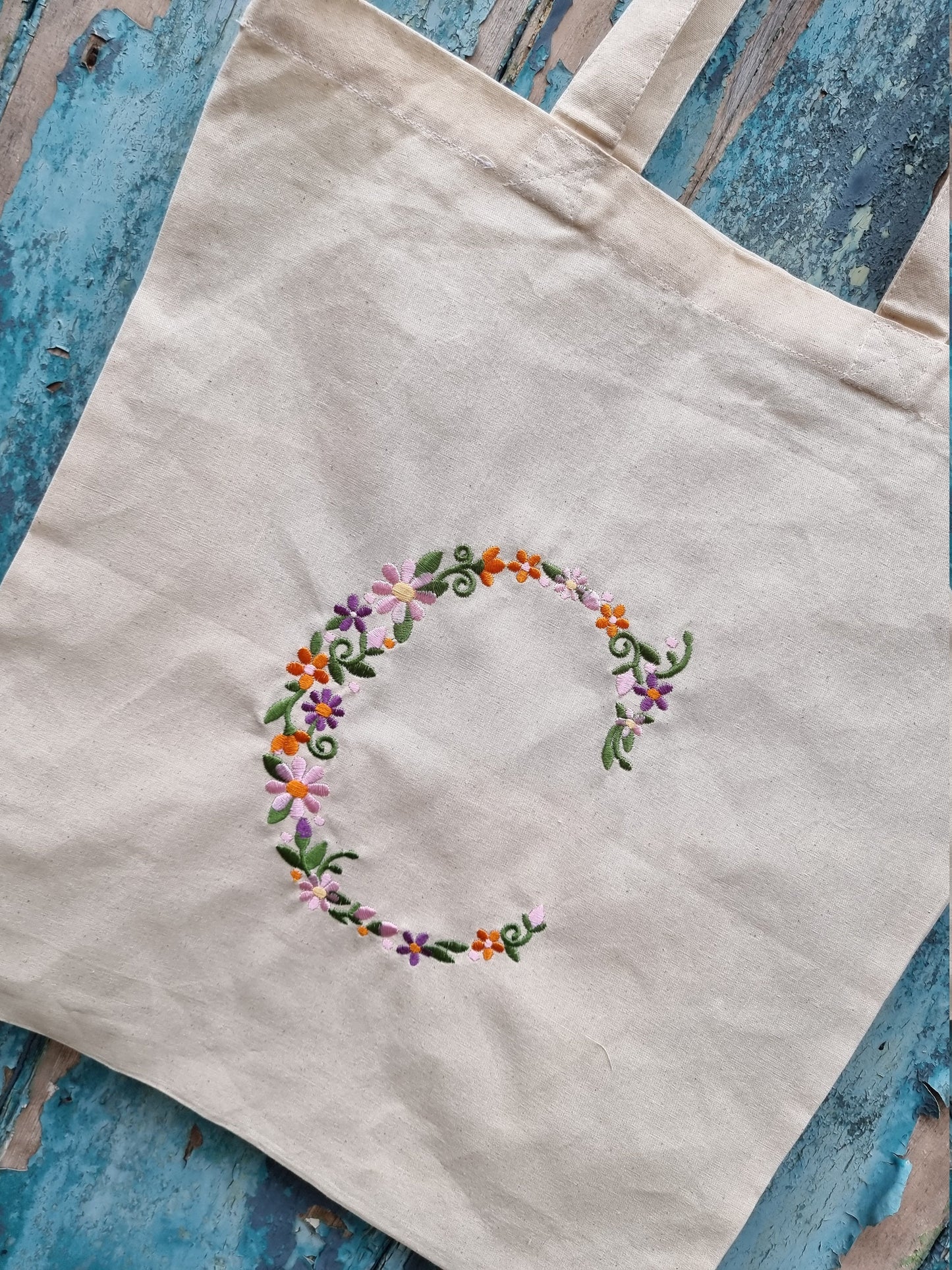 Floral Initial Embroidered Tote Bag