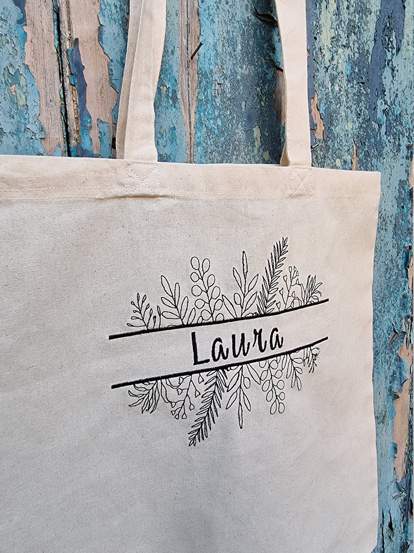 Leaves Split Line Art Embroidered Tote Bag