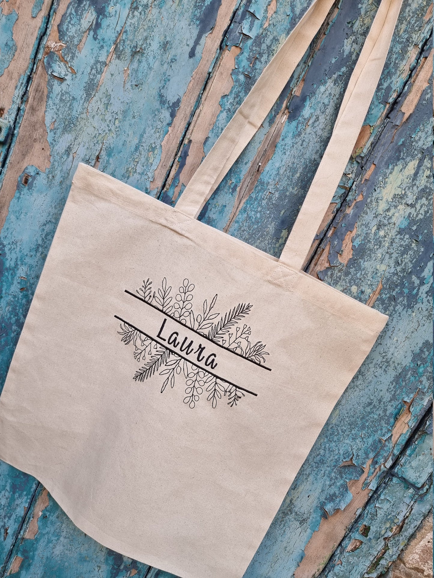 Leaves Split Line Art Embroidered Tote Bag