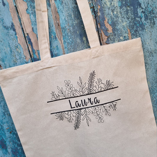 Leaves Split Line Art Embroidered Tote Bag