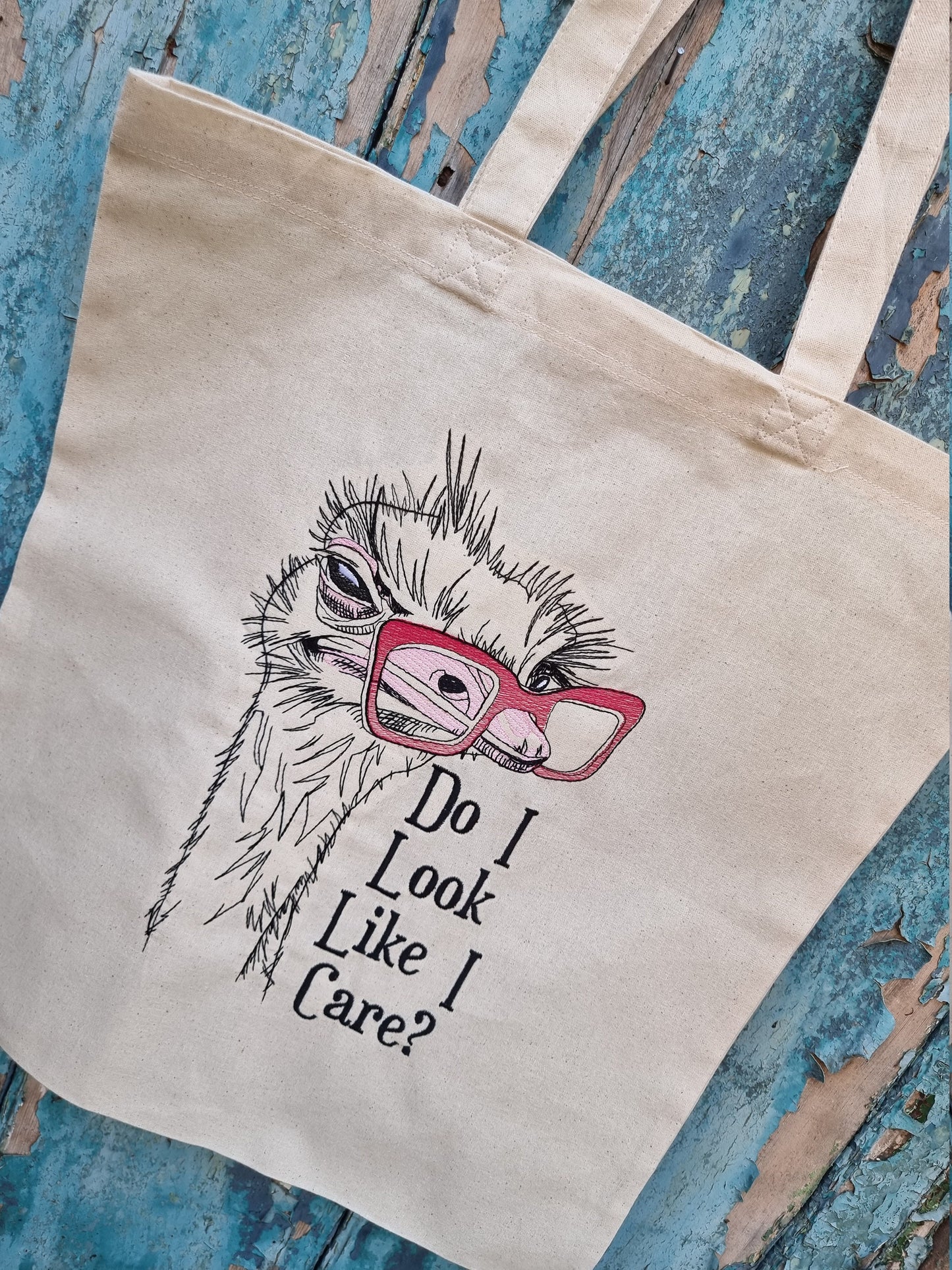 Geeky Ostrich 'Do I look like I care' Embroidered Tote Bag