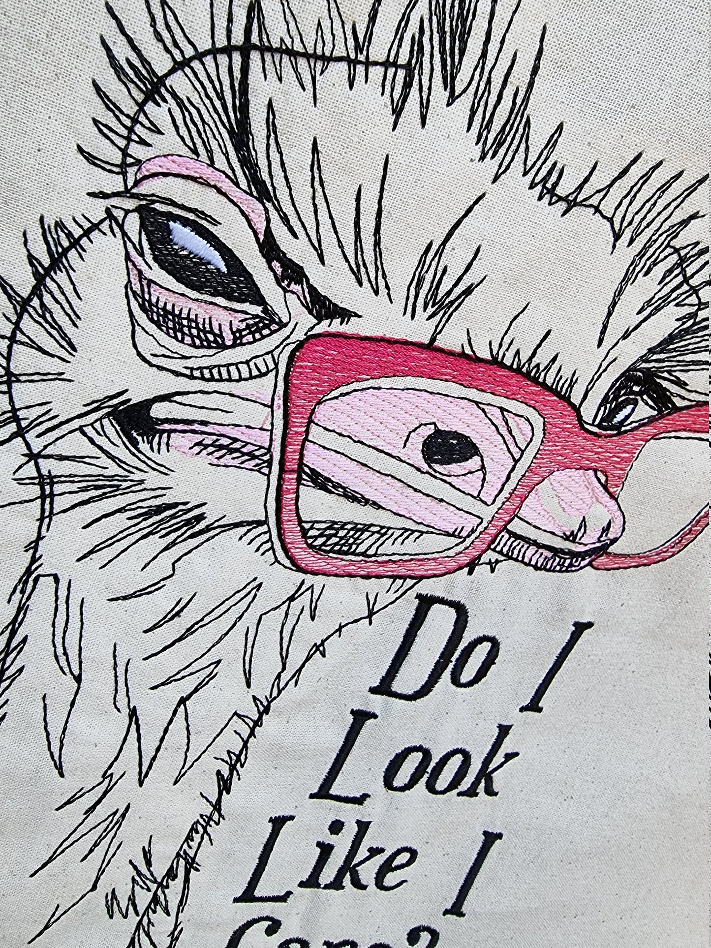 Geeky Ostrich 'Do I look like I care' Embroidered Tote Bag