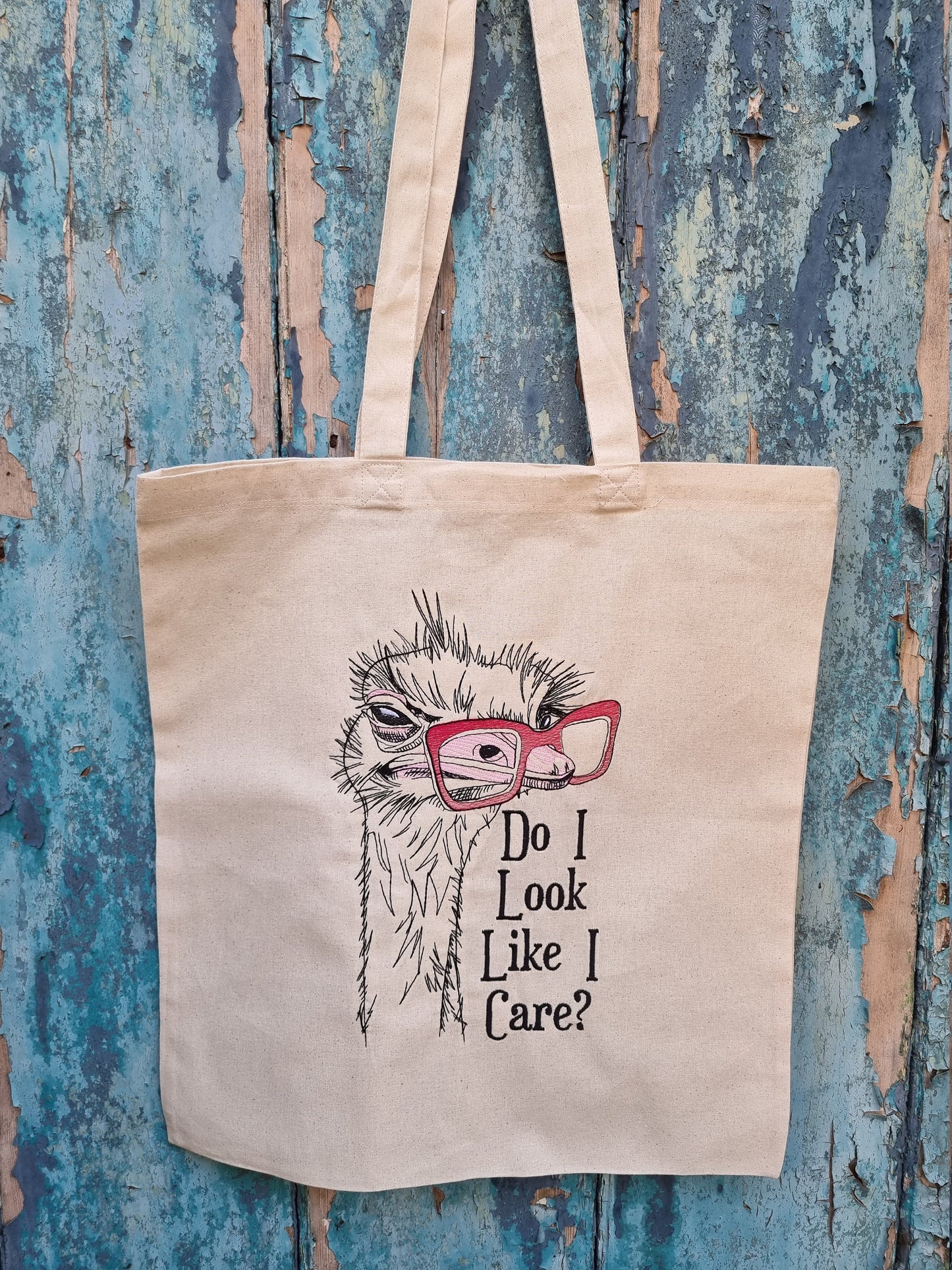 Geeky Ostrich 'Do I look like I care' Embroidered Tote Bag